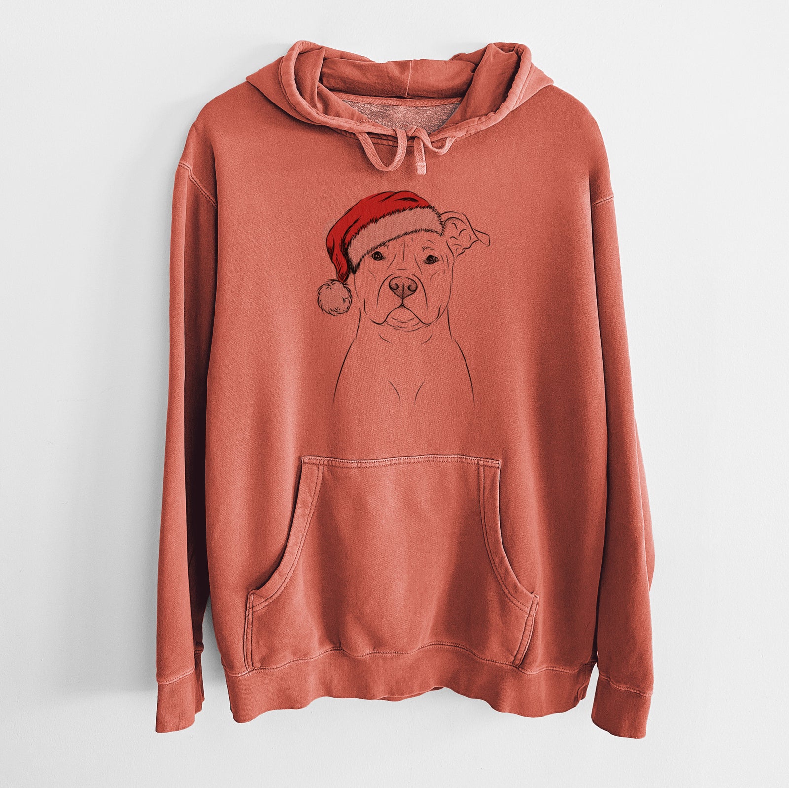 Hand-drawn sketch of Jethro the American Staffordshire Terrier wearing a Santa hat on an Amber Unisex pigment dyed hoodie