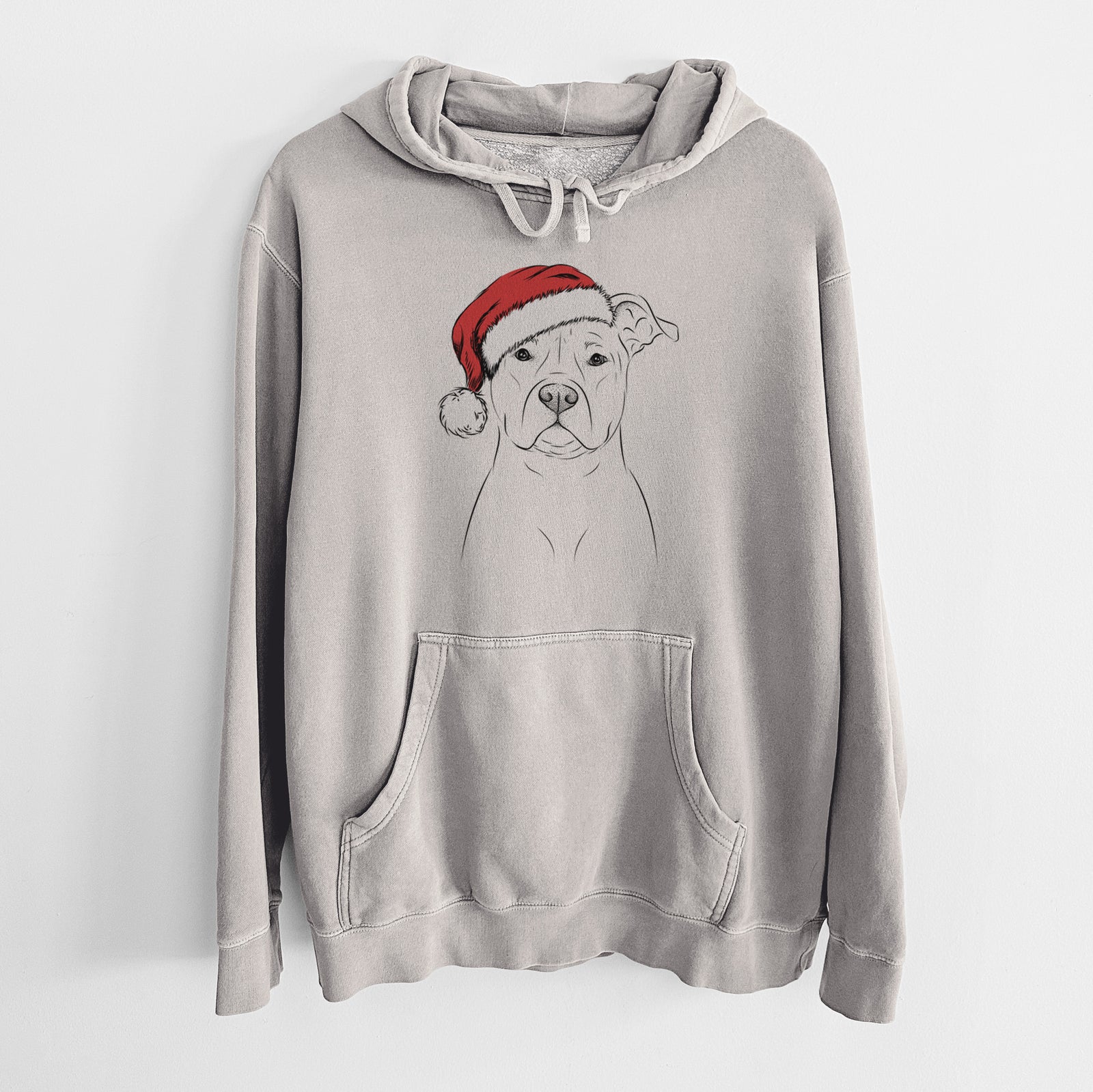 Hand-drawn sketch of Jethro the American Staffordshire Terrier wearing a Santa hat on a Cement Unisex pigment dyed hoodie