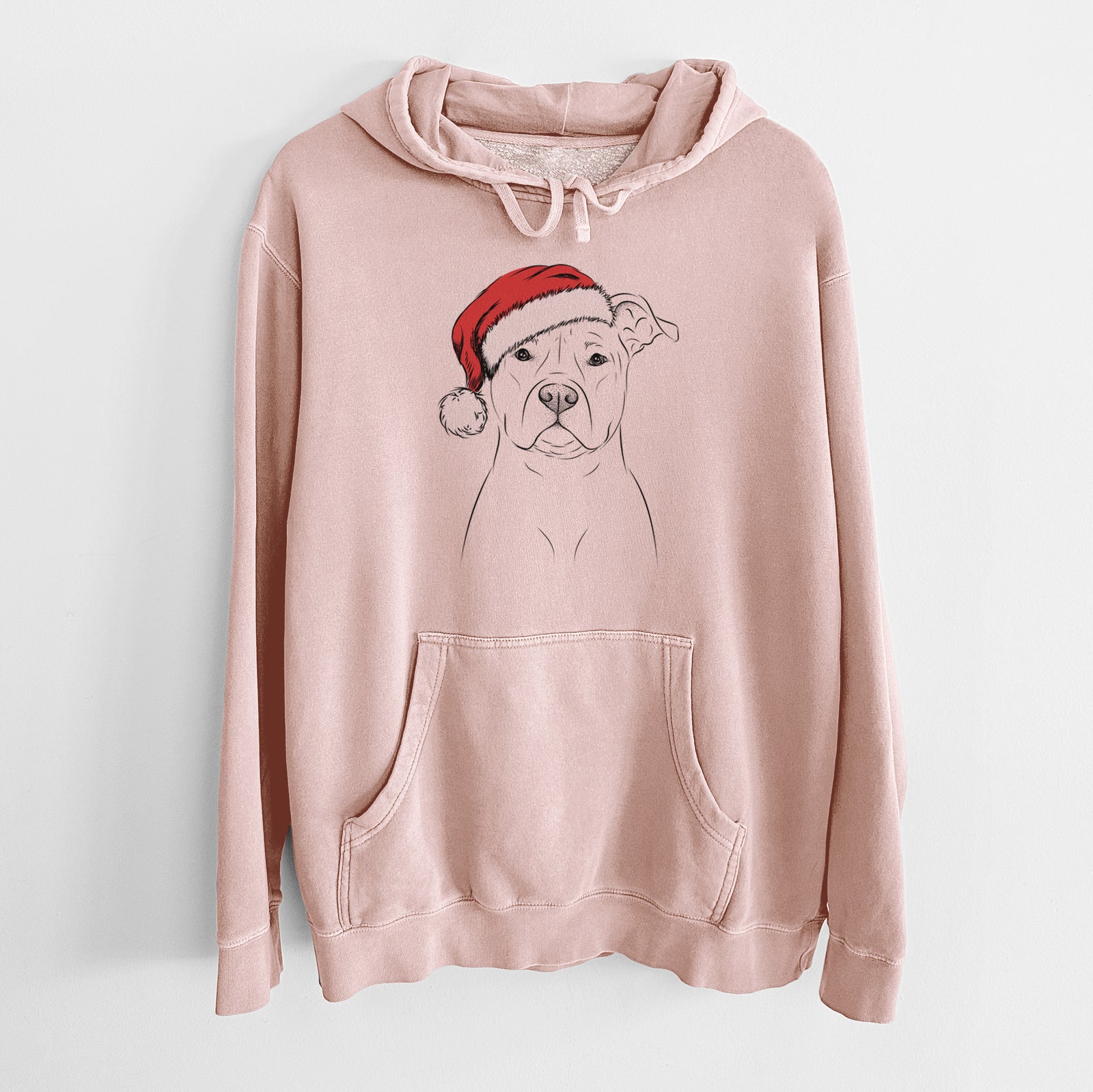 Hand-drawn sketch of Jethro the American Staffordshire Terrier wearing a Santa hat on a Dusty Pink Unisex pigment dyed hoodie