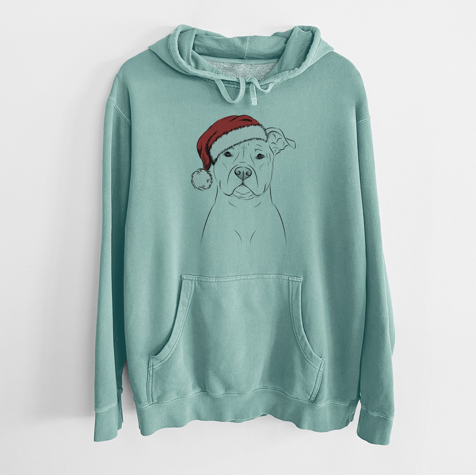 Hand-drawn sketch of Jethro the American Staffordshire Terrier wearing a Santa hat on a Mint Unisex pigment dyed hoodie