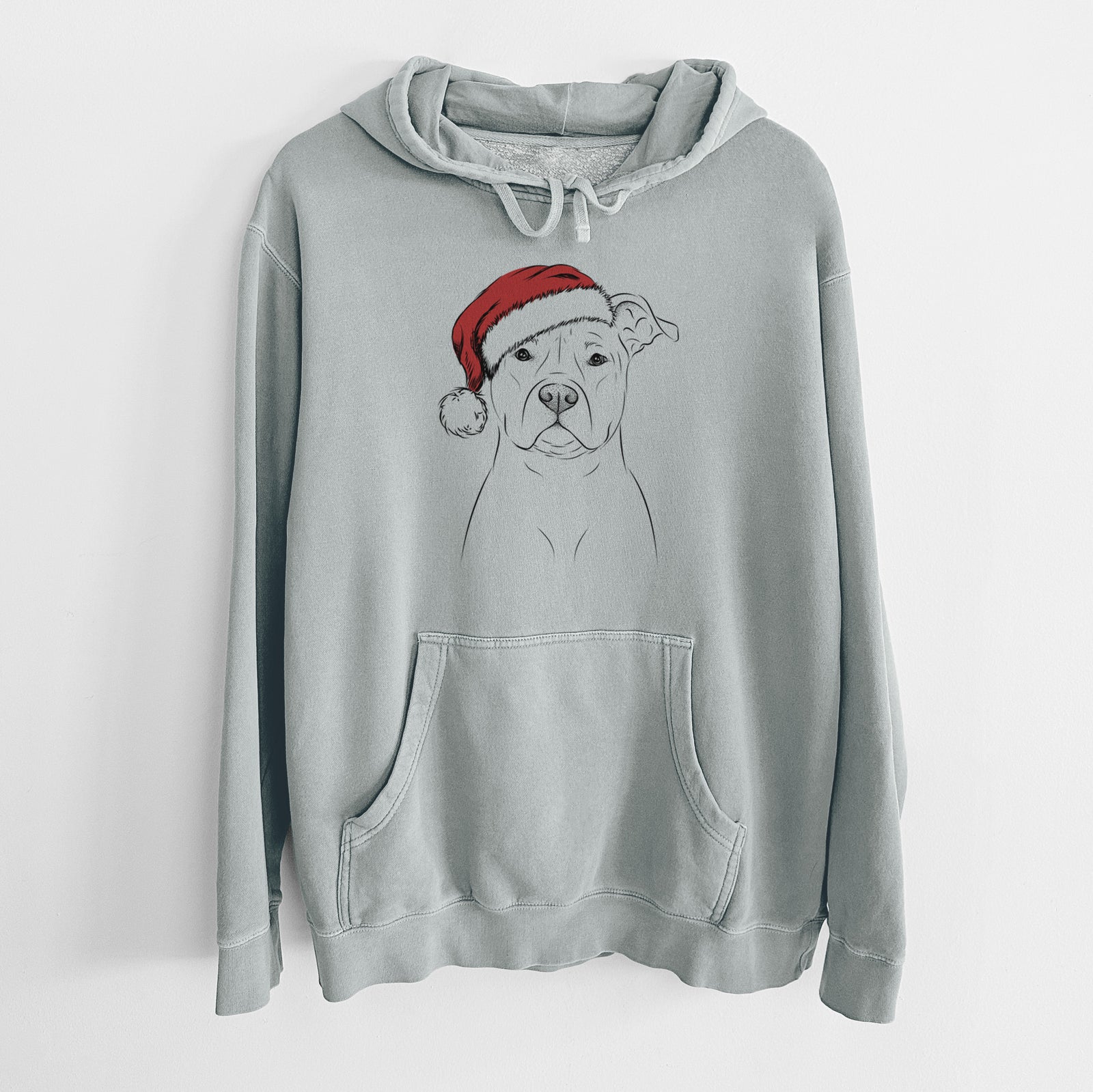 Hand-drawn sketch of Jethro the American Staffordshire Terrier wearing a Santa hat on a Sage Unisex pigment dyed hoodie