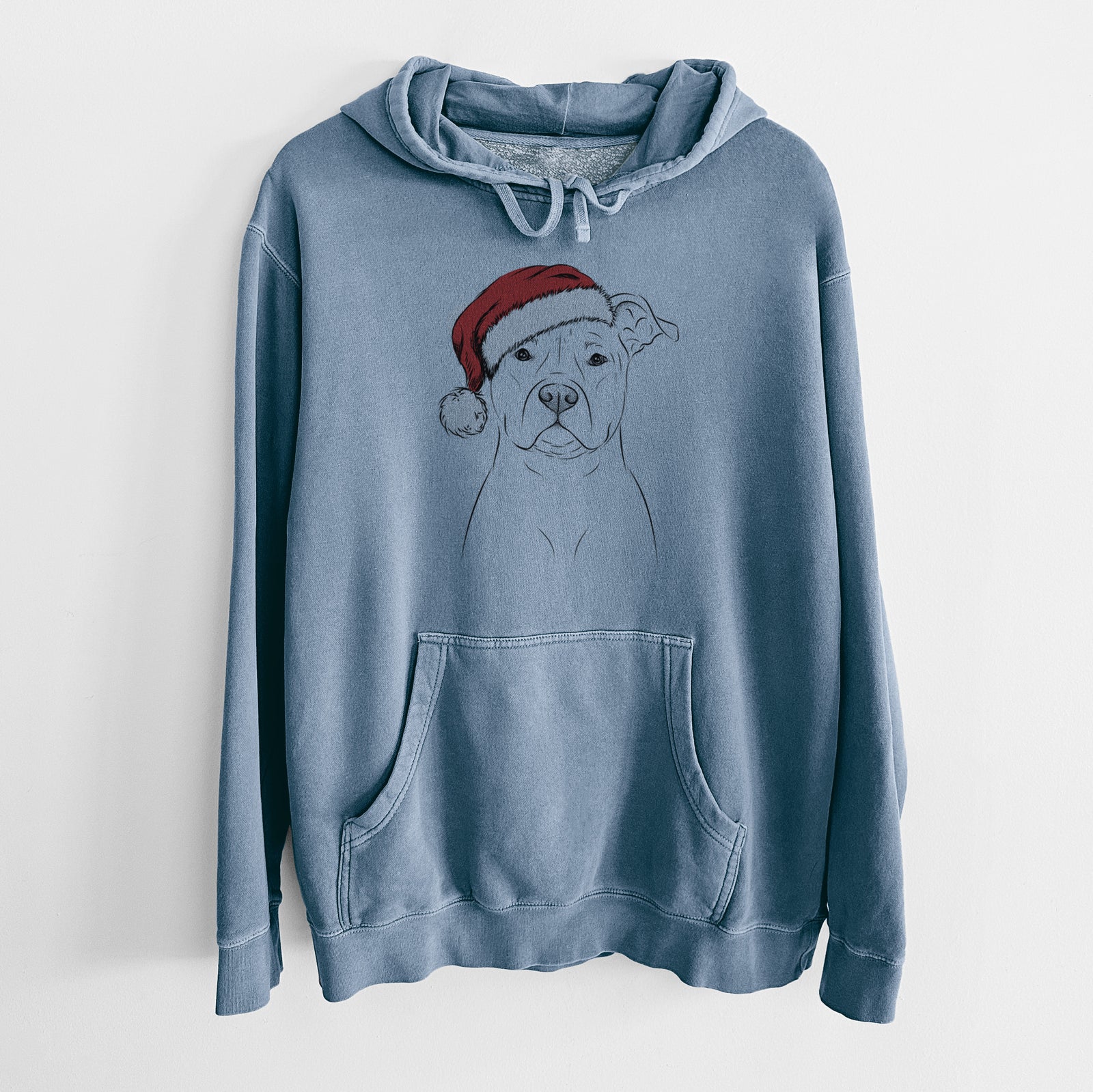 Hand-drawn sketch of Jethro the American Staffordshire Terrier wearing a Santa hat on a Slate Blue Unisex pigment dyed hoodie