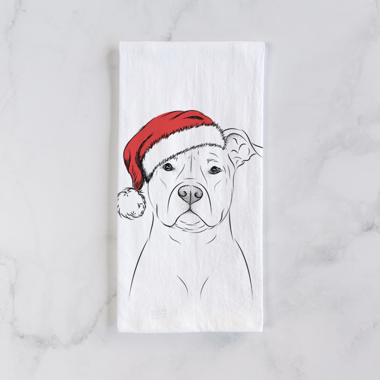 Hand-drawn sketch of Jethro the American Staffordshire Terrier wearing a Santa hat on a tea towel