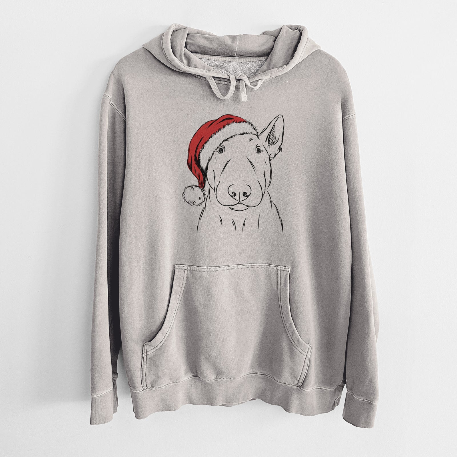 Hand-drawn sketch of Jett the Bull Terrier wearing a Santa hat on a Cement Unisex pigment dyed hoodie