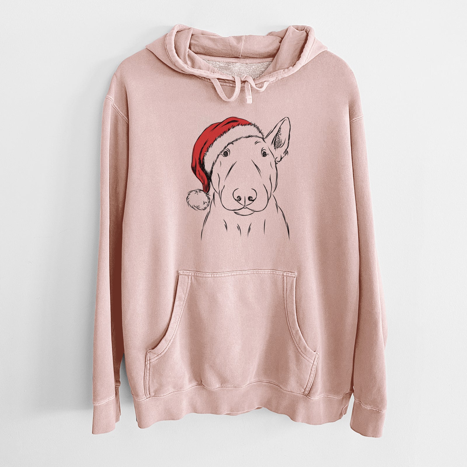 Hand-drawn sketch of Jett the Bull Terrier wearing a Santa hat on a Dusty Pink Unisex pigment dyed hoodie