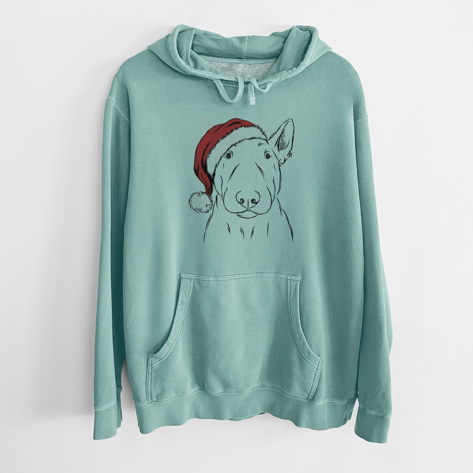 Hand-drawn sketch of Jett the Bull Terrier wearing a Santa hat on a Mint Unisex pigment dyed hoodie