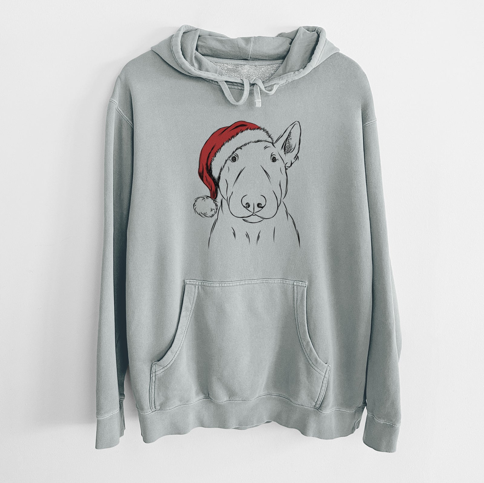 Hand-drawn sketch of Jett the Bull Terrier wearing a Santa hat on a Sage Unisex pigment dyed hoodie