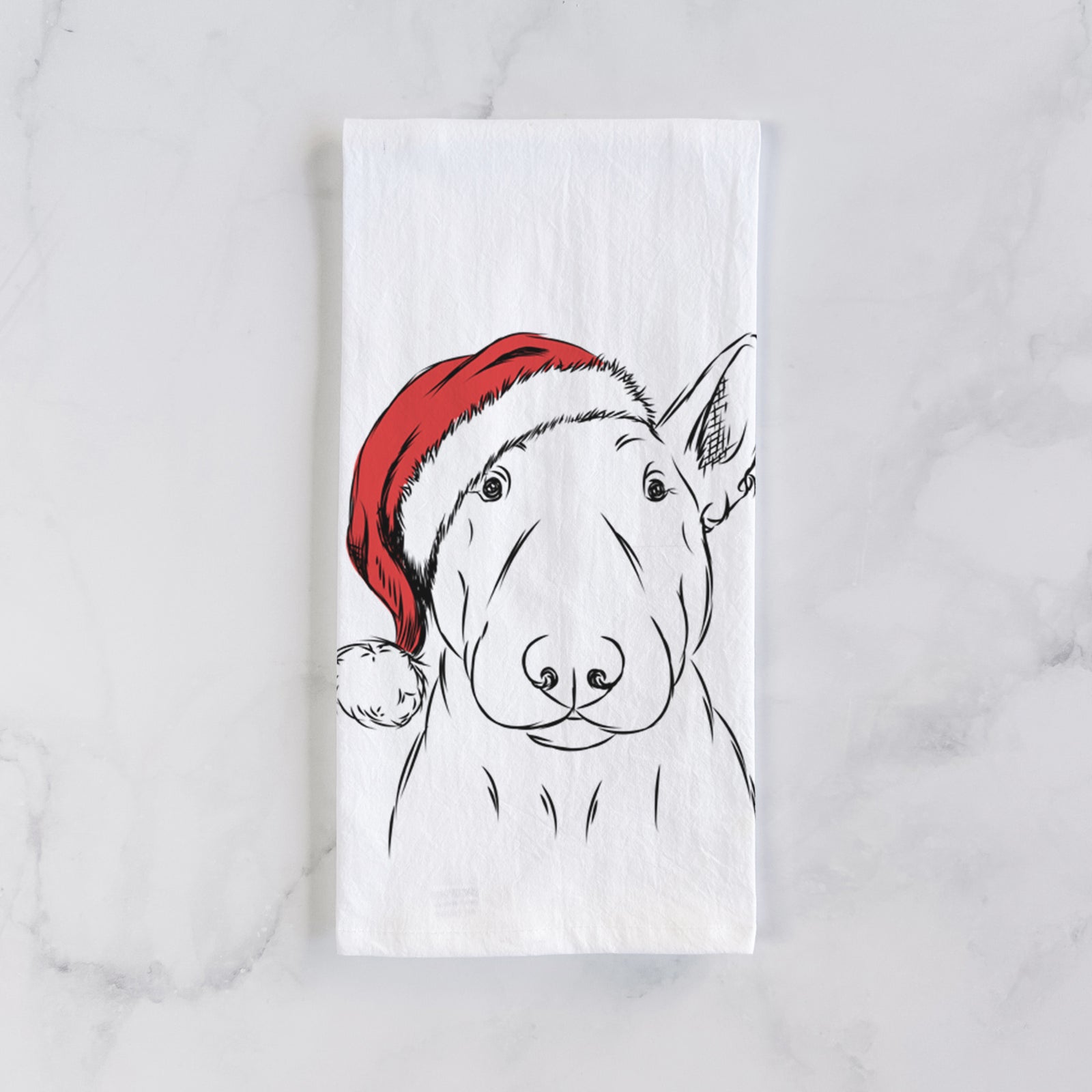 Hand-drawn sketch of Jett the Bull Terrier wearing a Santa hat on a tea towel