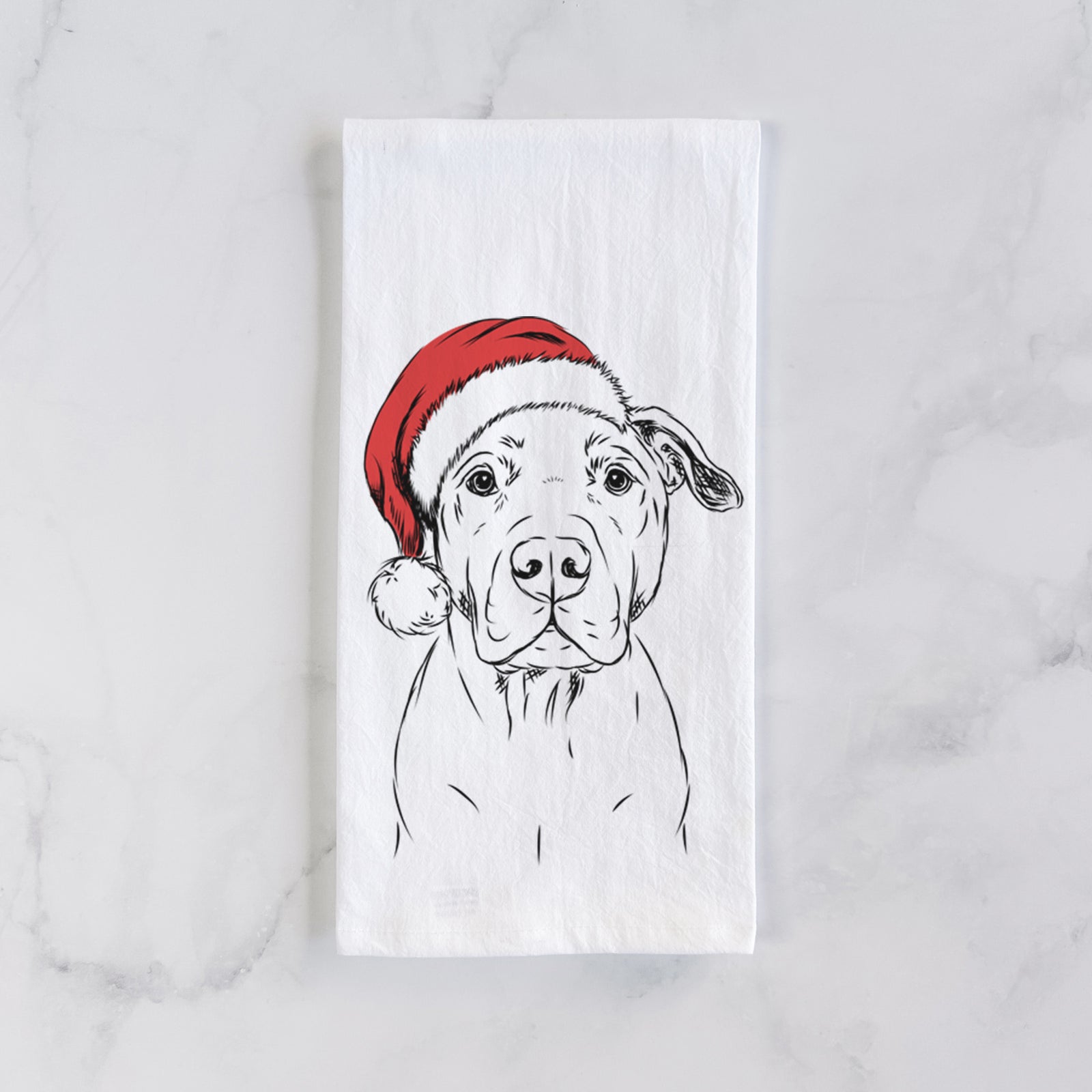 Hand-drawn sketch of Kadin the Pitbull wearing a Santa hat on a tea towel