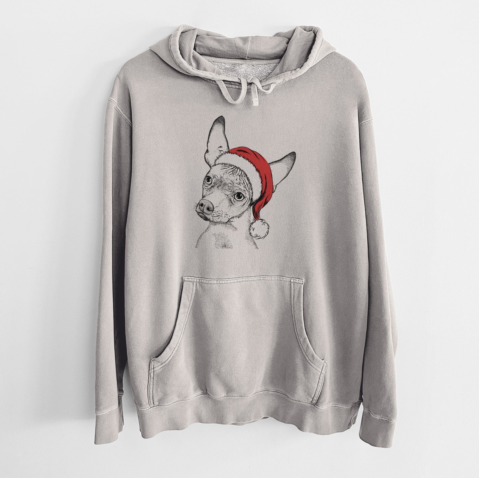 Hand-drawn sketch of Kahlo the Xoloitzcuintli wearing a Santa hat on a Cement Unisex pigment dyed hoodie