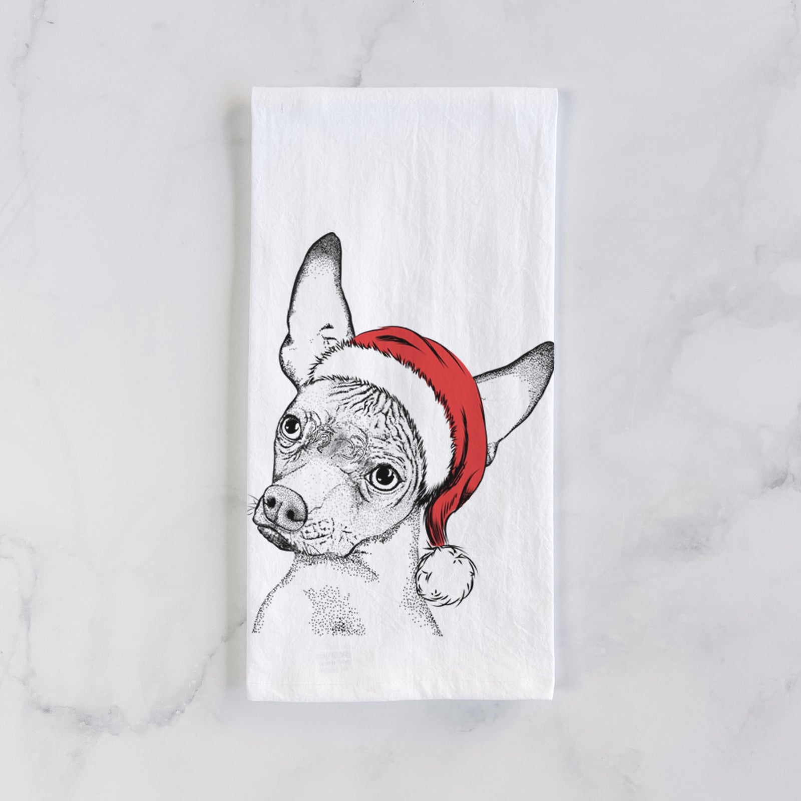 Hand-drawn sketch of Kahlo the Xoloitzcuintli wearing a Santa hat on a tea towel