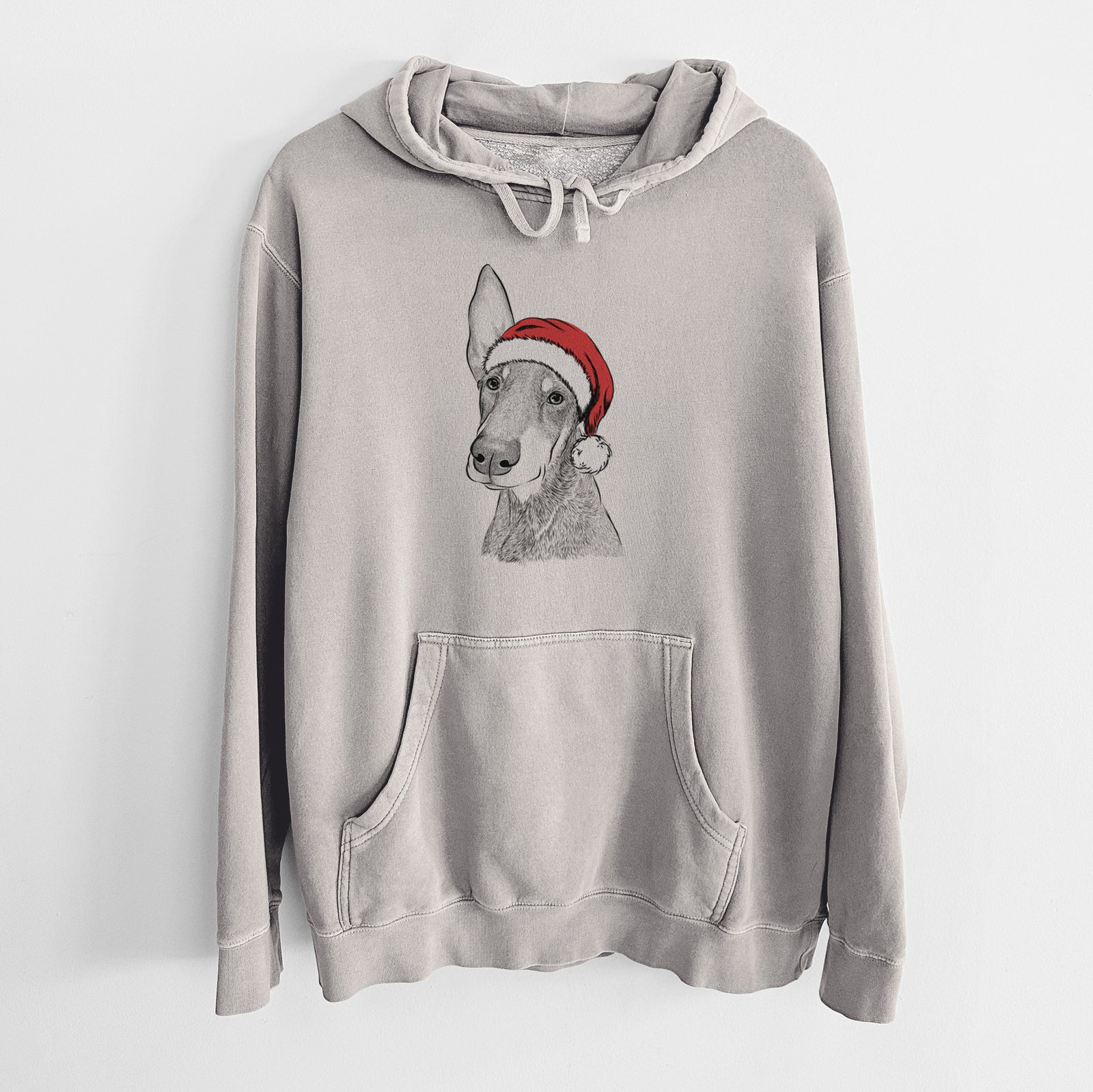 Hand-drawn sketch of Kain the Doberman Pinscher wearing a Santa hat on a Cement Unisex pigment dyed hoodie