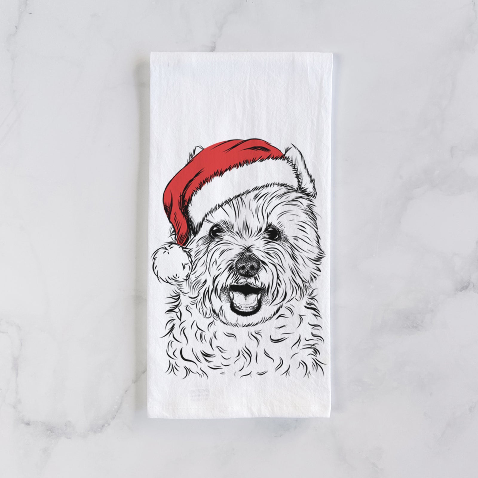 Hand-drawn sketch of Kami the West Highland Terrier wearing a Santa hat on a tea towel