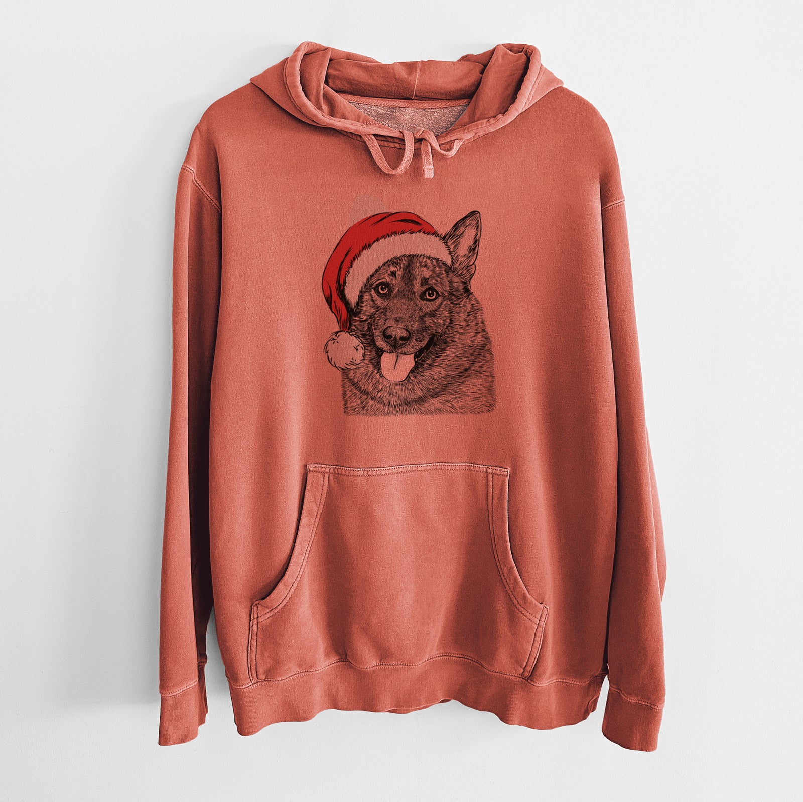 Hand-drawn sketch of Kasia the Norwegian Elkhound wearing a Santa hat on an Amber Unisex pigment dyed hoodie