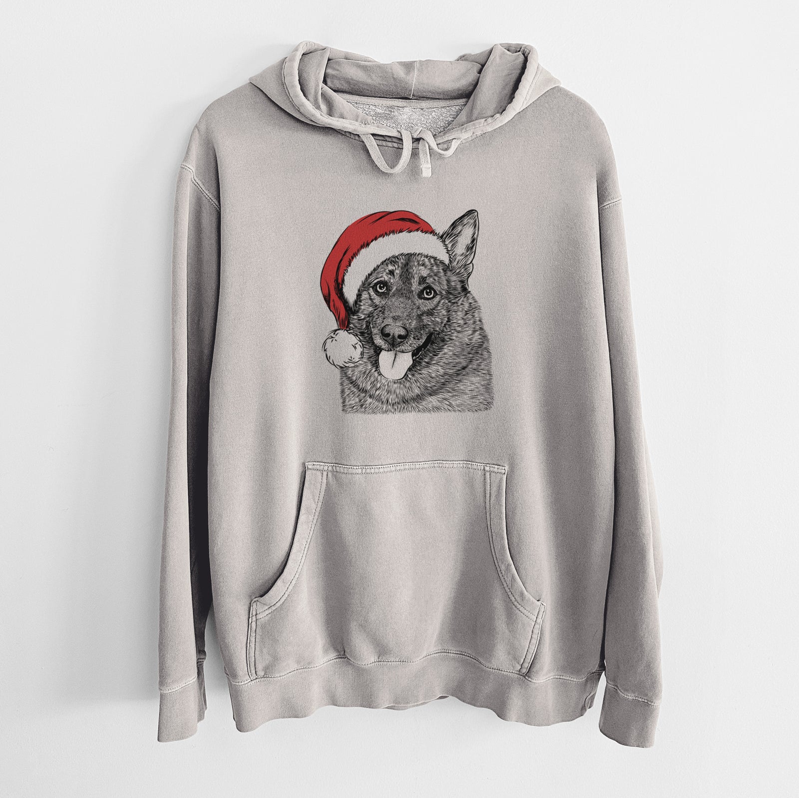 Hand-drawn sketch of Kasia the Norwegian Elkhound wearing a Santa hat on a Cement Unisex pigment dyed hoodie