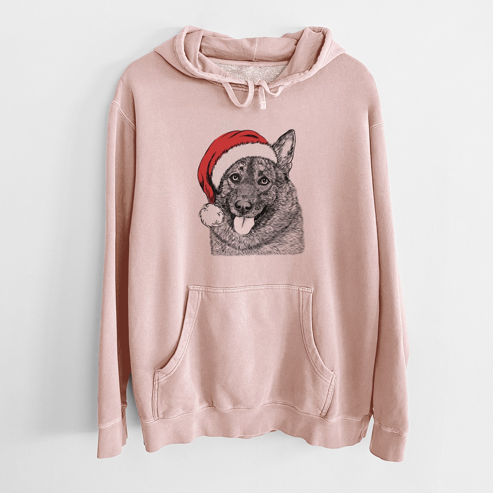 Hand-drawn sketch of Kasia the Norwegian Elkhound wearing a Santa hat on a Dusty Pink Unisex pigment dyed hoodie