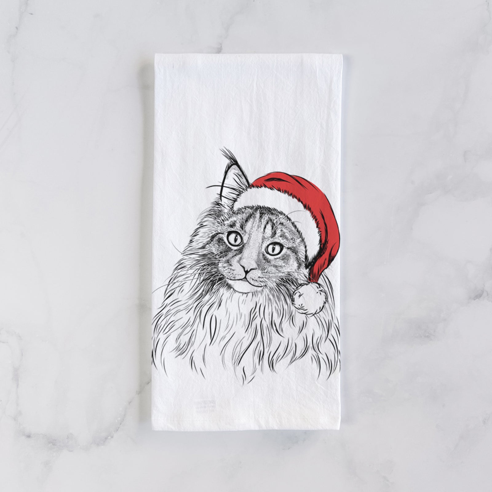 Hand-drawn sketch of Kiki the Maine Coon Cat wearing a Santa hat on a tea towel