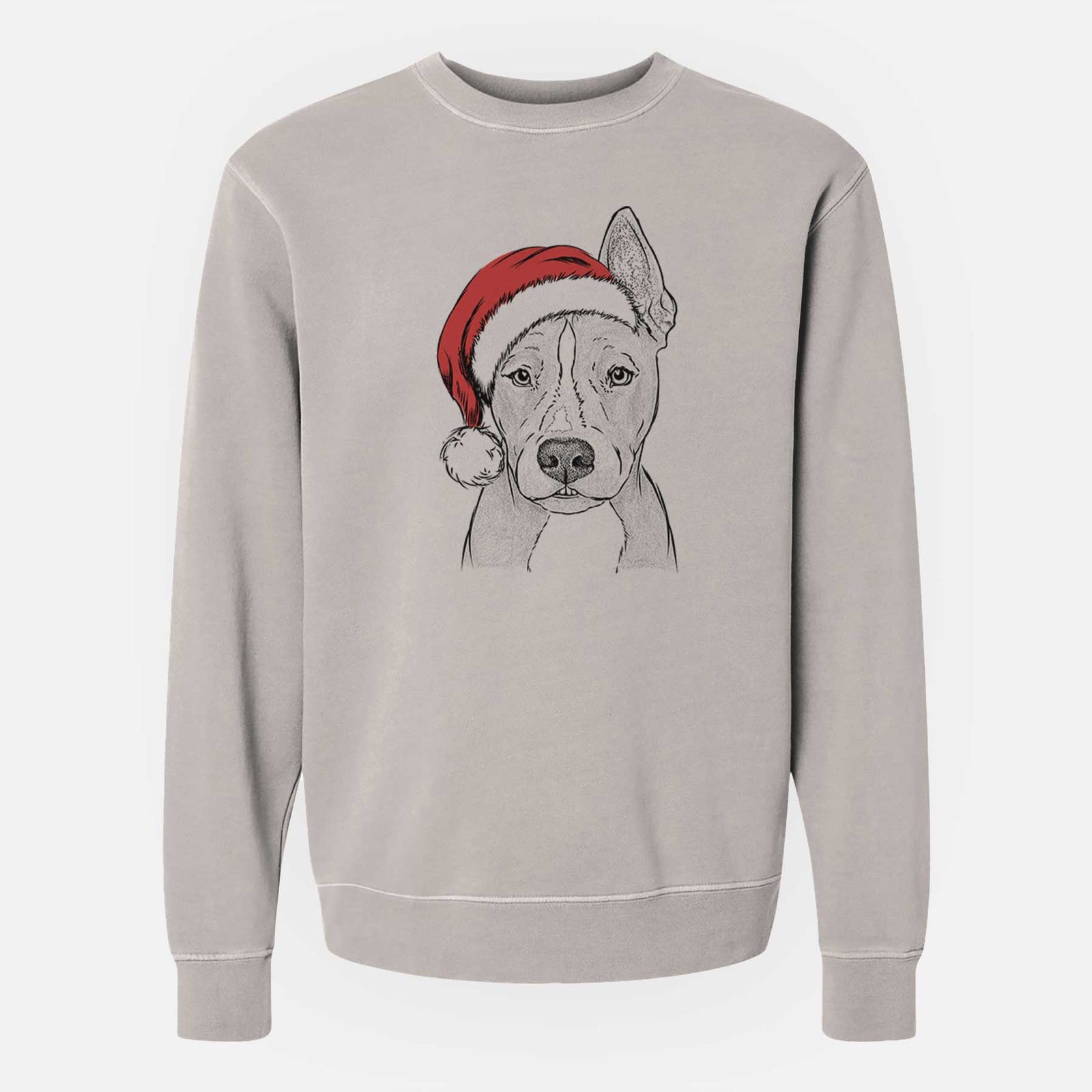 Hand-drawn sketch of Kisses the Pitbull wearing a Santa hat on a Cement Unisex pigment dyed crew sweatshirt