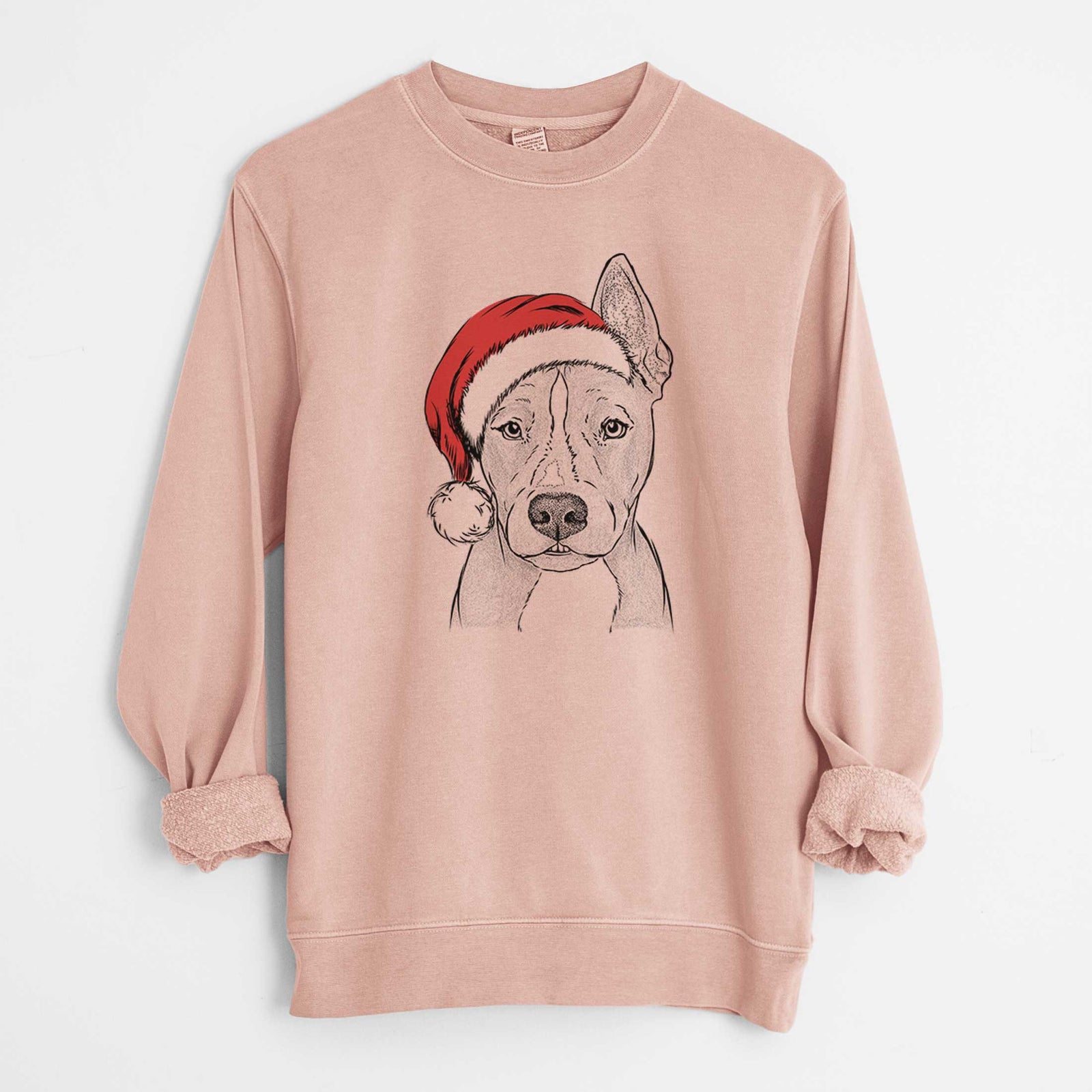 Hand-drawn sketch of Kisses the Pitbull wearing a Santa hat on a Dusty Pink Unisex pigment dyed crew sweatshirt