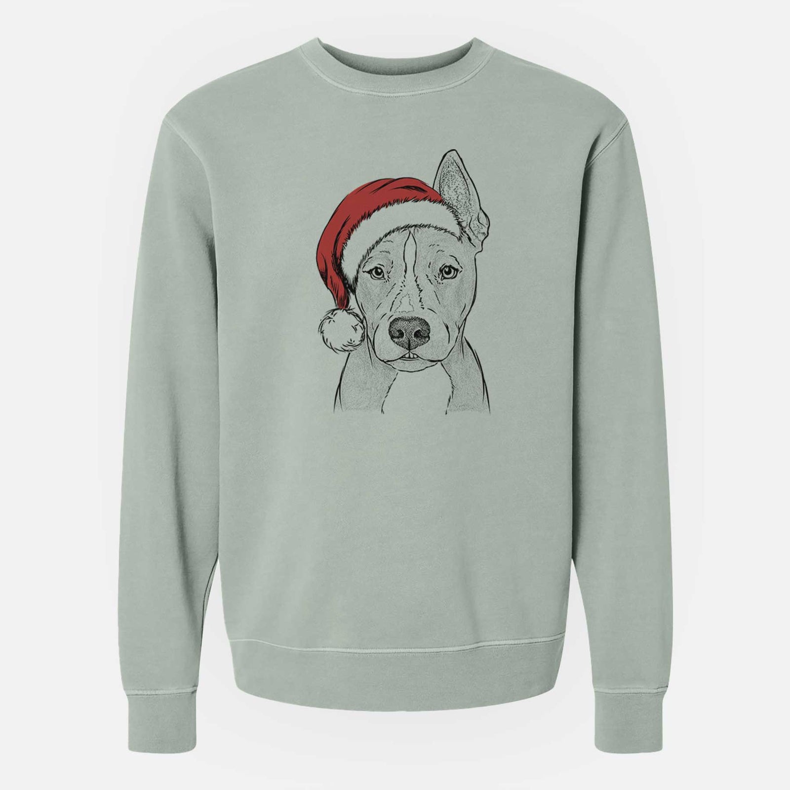Hand-drawn sketch of Kisses the Pitbull wearing a Santa hat on a Sage Unisex pigment dyed crew sweatshirt