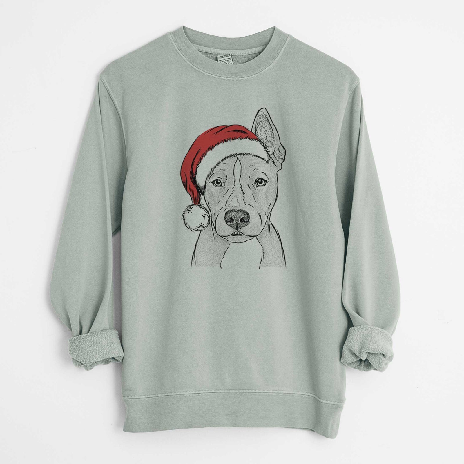 Hand-drawn sketch of Kisses the Pitbull wearing a Santa hat on a Sage Unisex pigment dyed crew sweatshirt