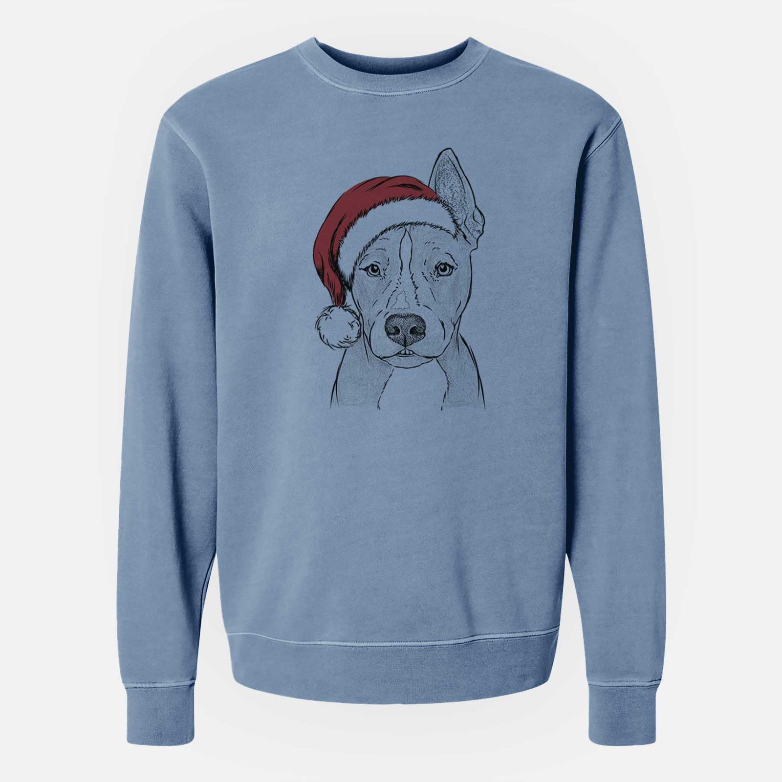 Hand-drawn sketch of Kisses the Pitbull wearing a Santa hat on a Slate Blue Unisex pigment dyed crew sweatshirt