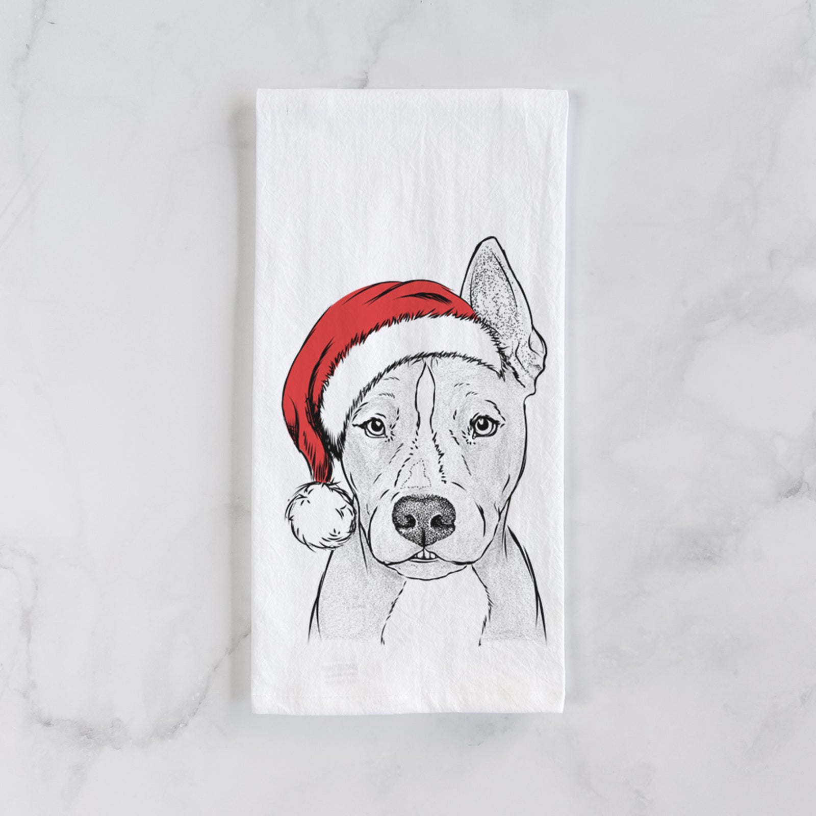 Hand-drawn sketch of Kisses the Pitbull wearing a Santa hat on a tea towel
