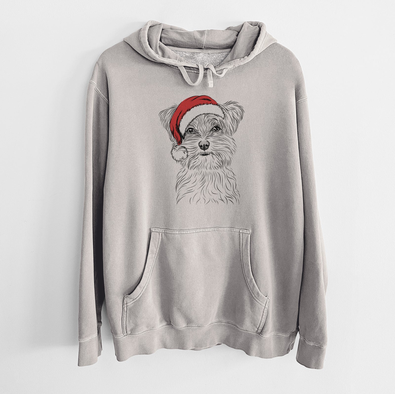 Hand-drawn sketch of Kiwi the Morkie wearing a Santa hat on a Cement Unisex pigment dyed hoodie