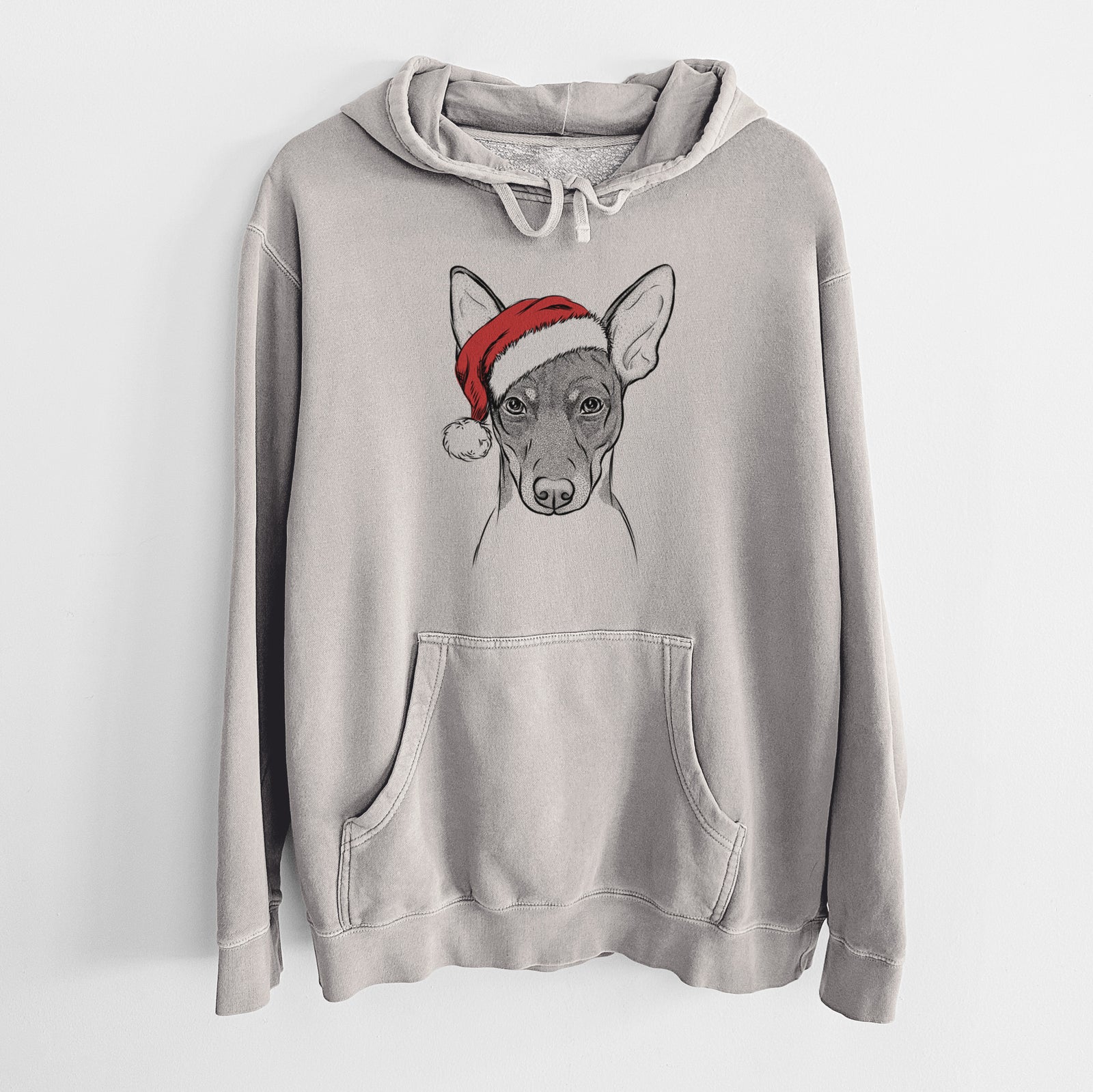 Hand-drawn sketch of Knox the Rat Terrier wearing a Santa hat on a Cement Unisex pigment dyed hoodie