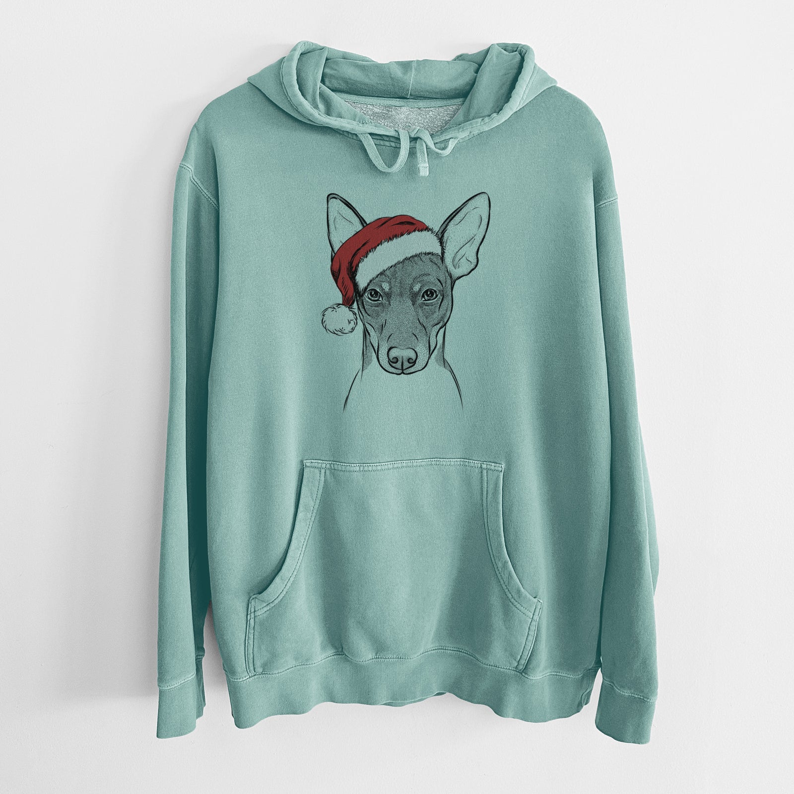 Hand-drawn sketch of Knox the Rat Terrier wearing a Santa hat on a Mint Unisex pigment dyed hoodie