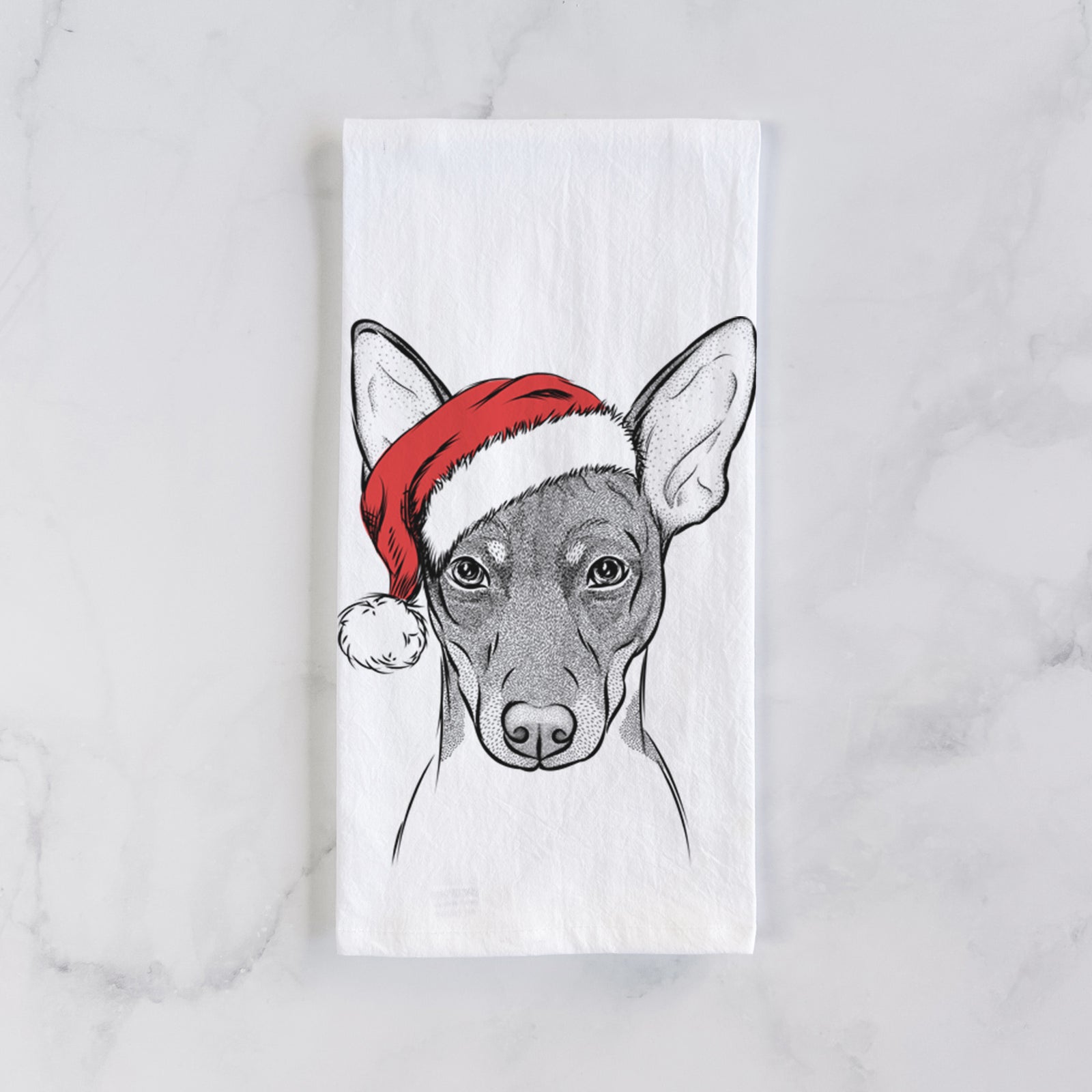 Hand-drawn sketch of Knox the Rat Terrier wearing a Santa hat on a tea towel