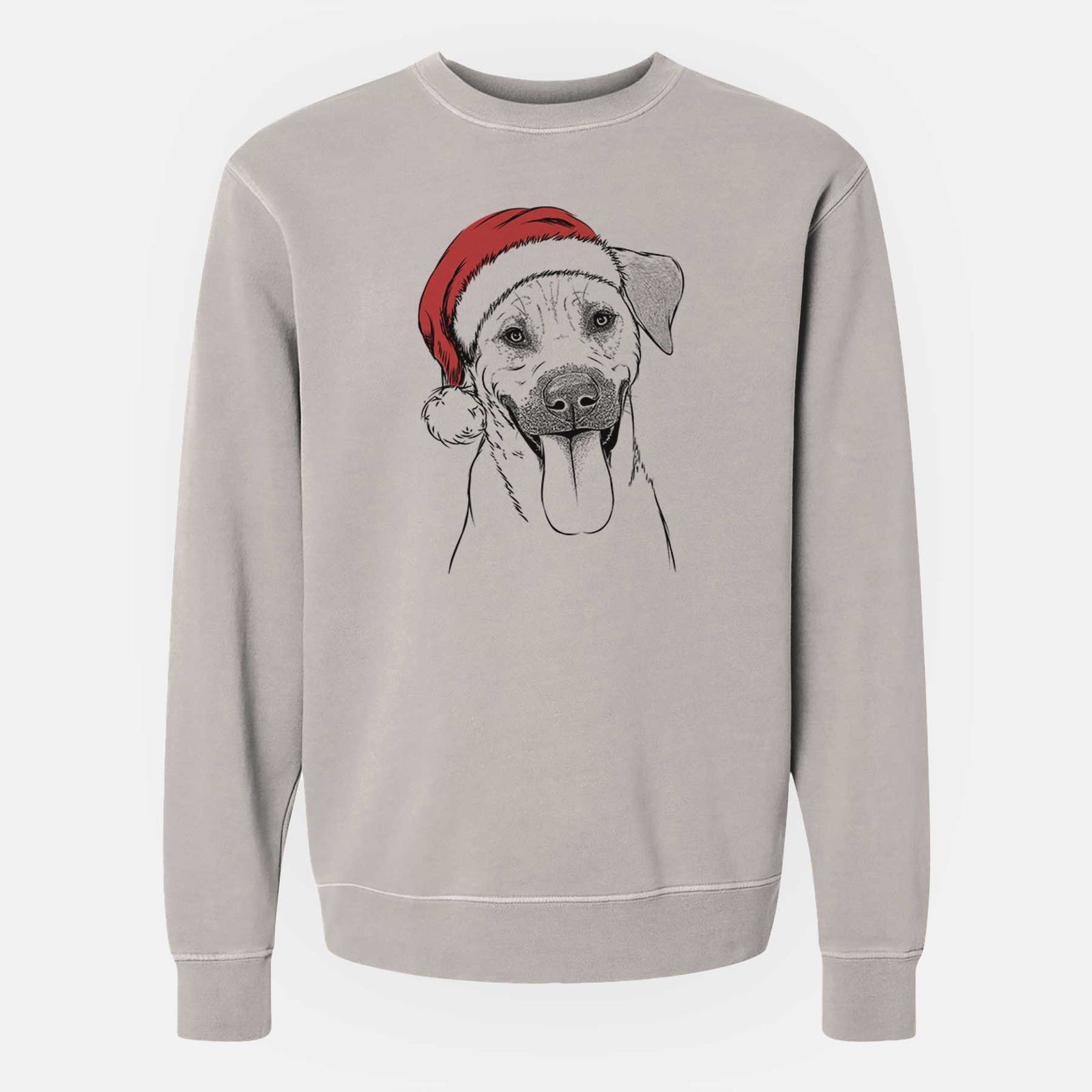 Hand-drawn sketch of Koda the Black Mouth Cur wearing a Santa hat on a Cement Unisex pigment dyed crew sweatshirt