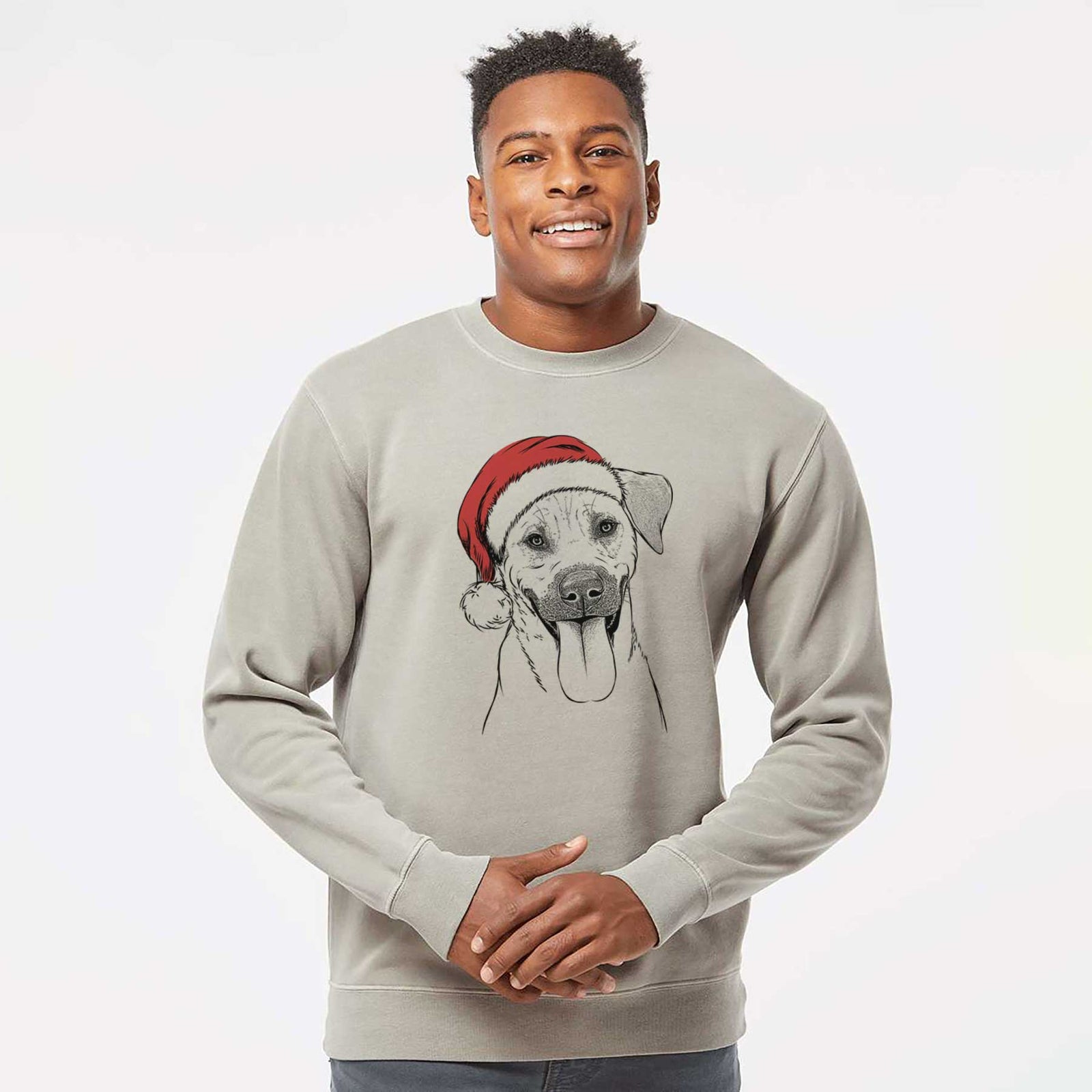 Hand-drawn sketch of Koda the Black Mouth Cur wearing a Santa hat on a Cement Unisex pigment dyed crew sweatshirt