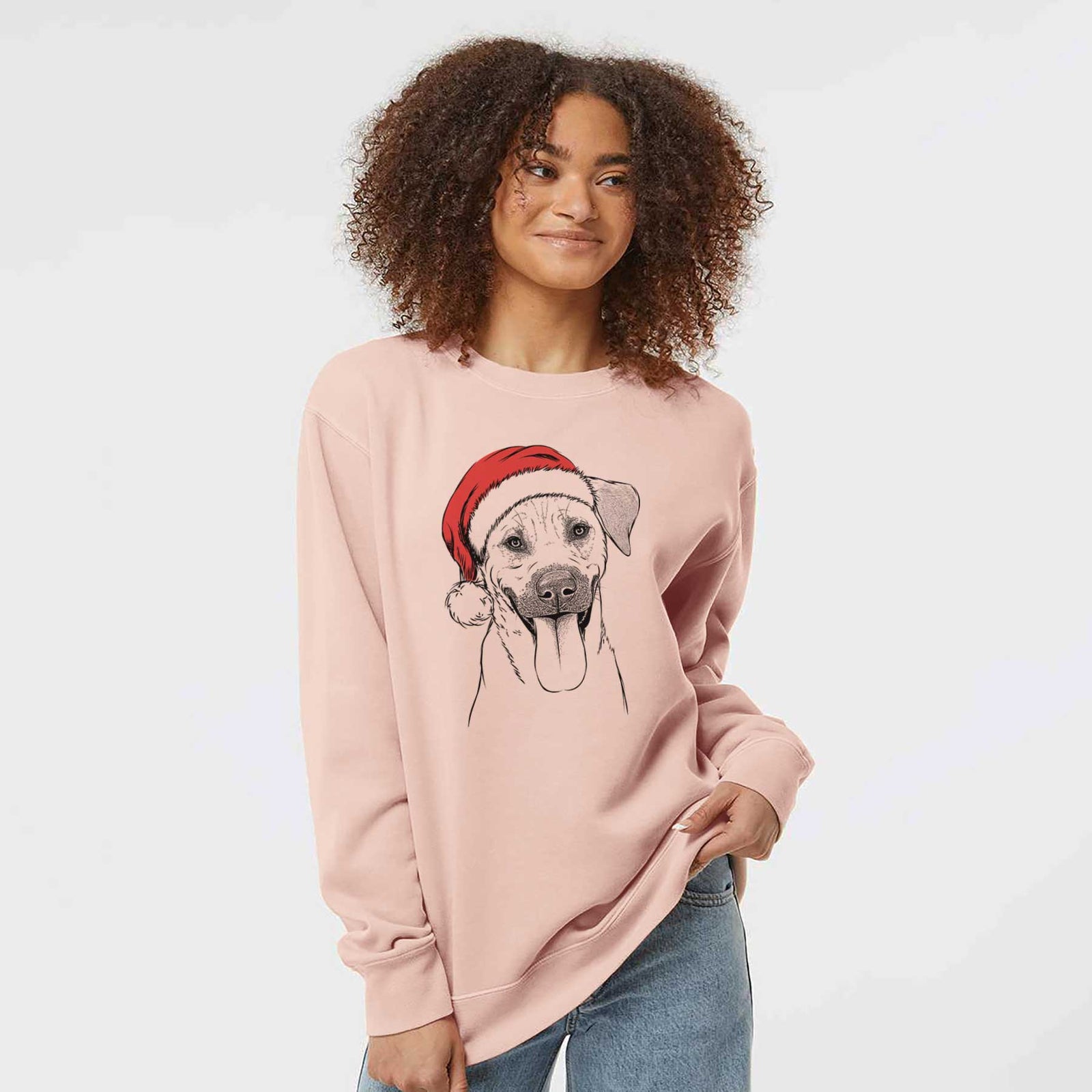 Hand-drawn sketch of Koda the Black Mouth Cur wearing a Santa hat on a Dusty Pink Unisex pigment dyed crew sweatshirt