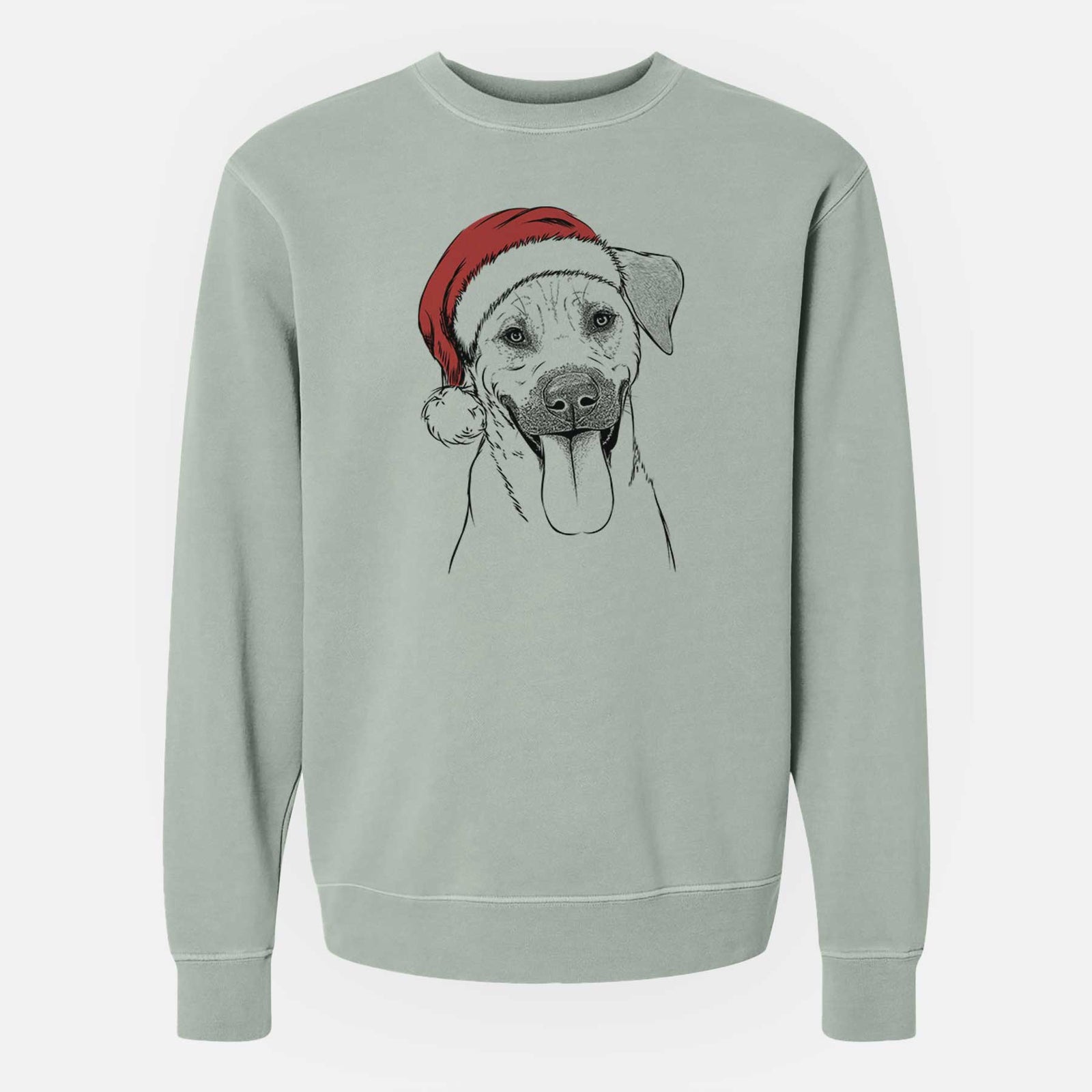 Hand-drawn sketch of Koda the Black Mouth Cur wearing a Santa hat on a Sage Unisex pigment dyed crew sweatshirt