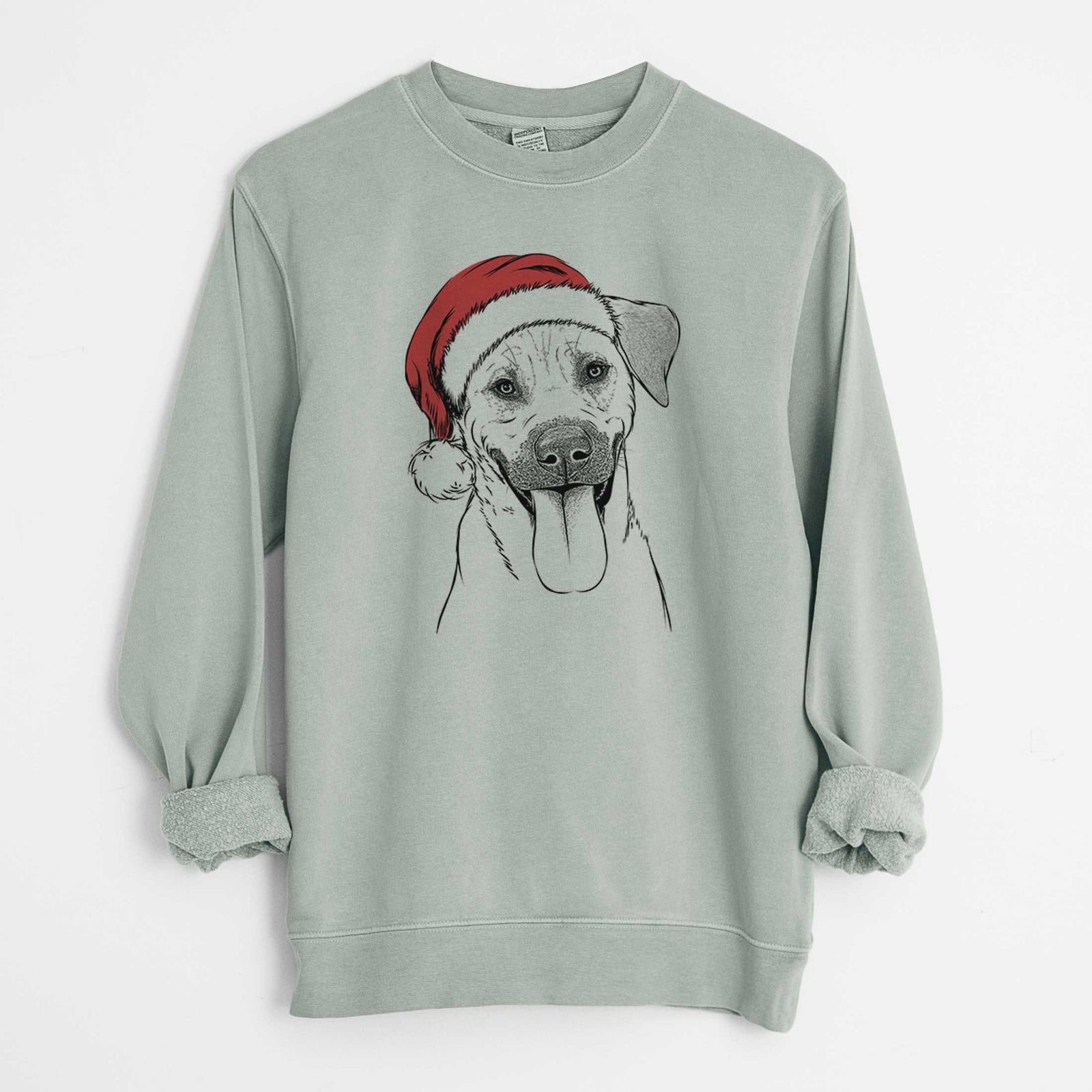 Hand-drawn sketch of Koda the Black Mouth Cur wearing a Santa hat on a Sage Unisex pigment dyed crew sweatshirt