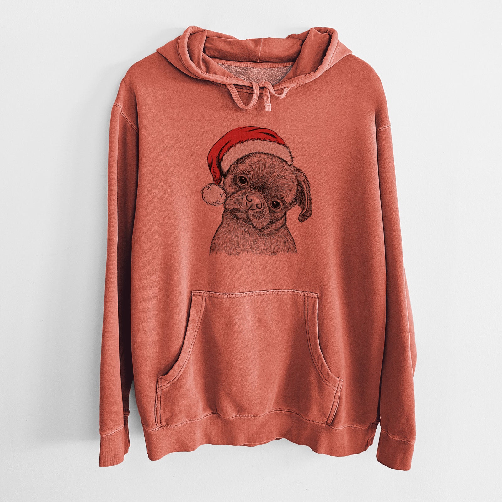 Hand-drawn sketch of Koko the Shih Tzu wearing a Santa hat on an Amber Unisex pigment dyed hoodie