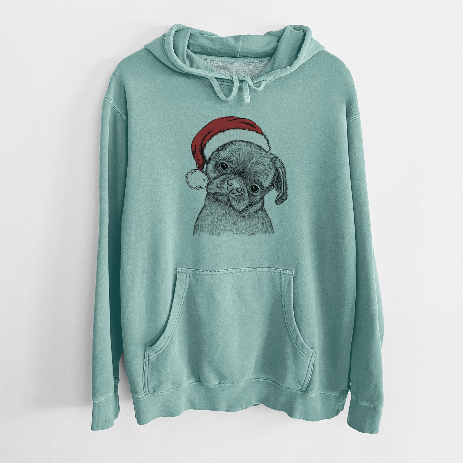 Hand-drawn sketch of Koko the Shih Tzu wearing a Santa hat on a Mint Unisex pigment dyed hoodie