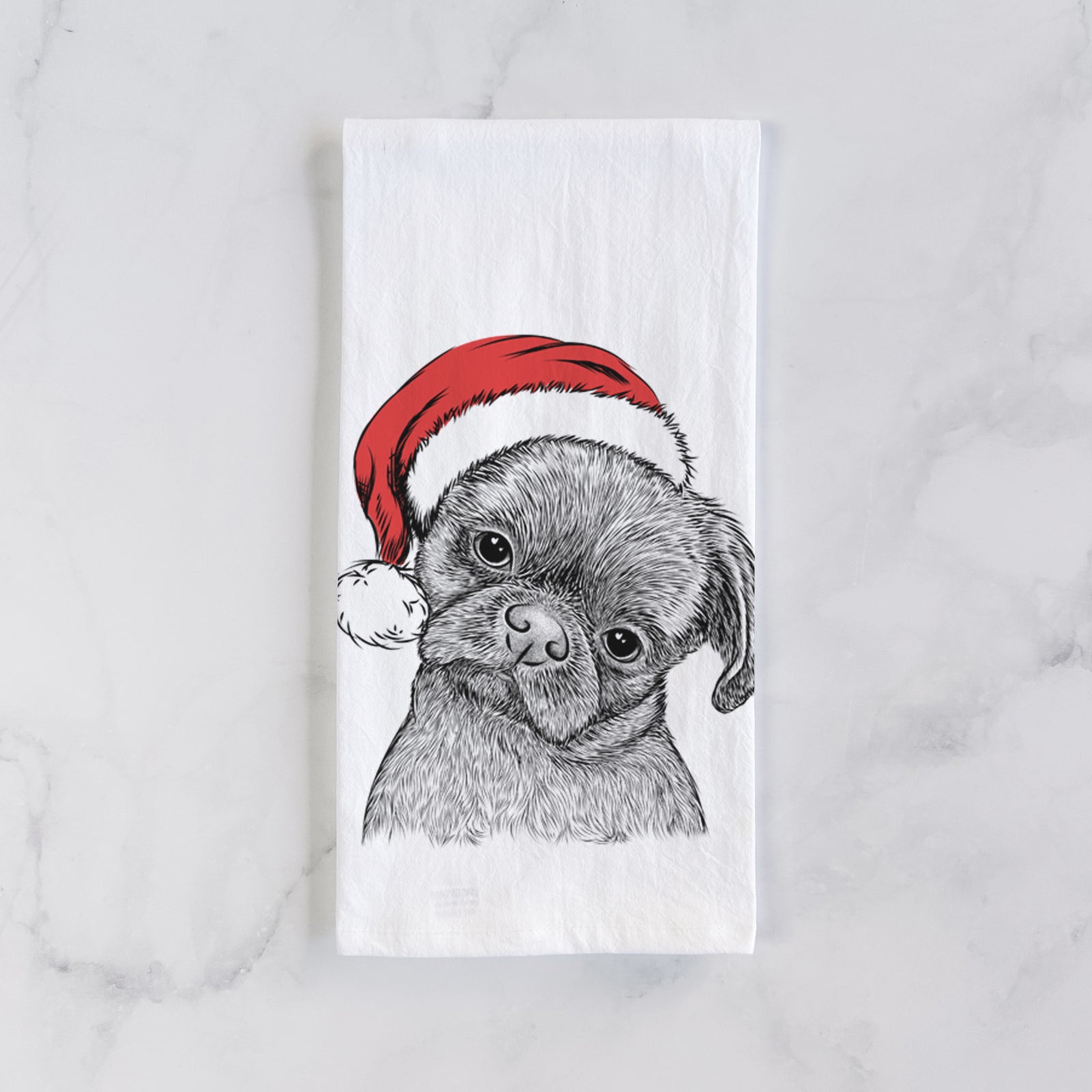 Hand-drawn sketch of Koko the Shih Tzu wearing a Santa hat on a tea towel