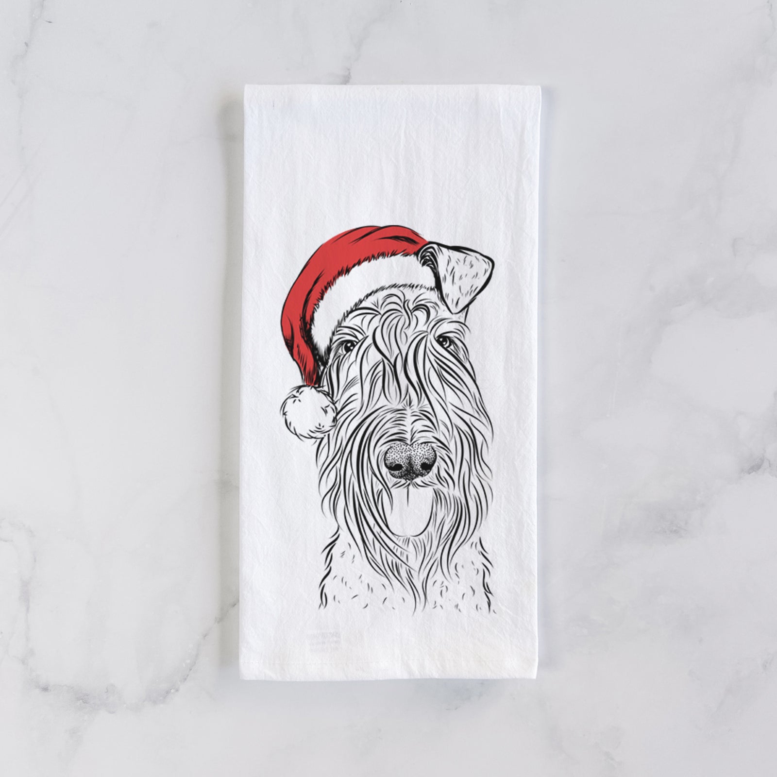 Hand-drawn sketch of Kricket the Kerry Blue Terrier wearing a Santa hat on a tea towel