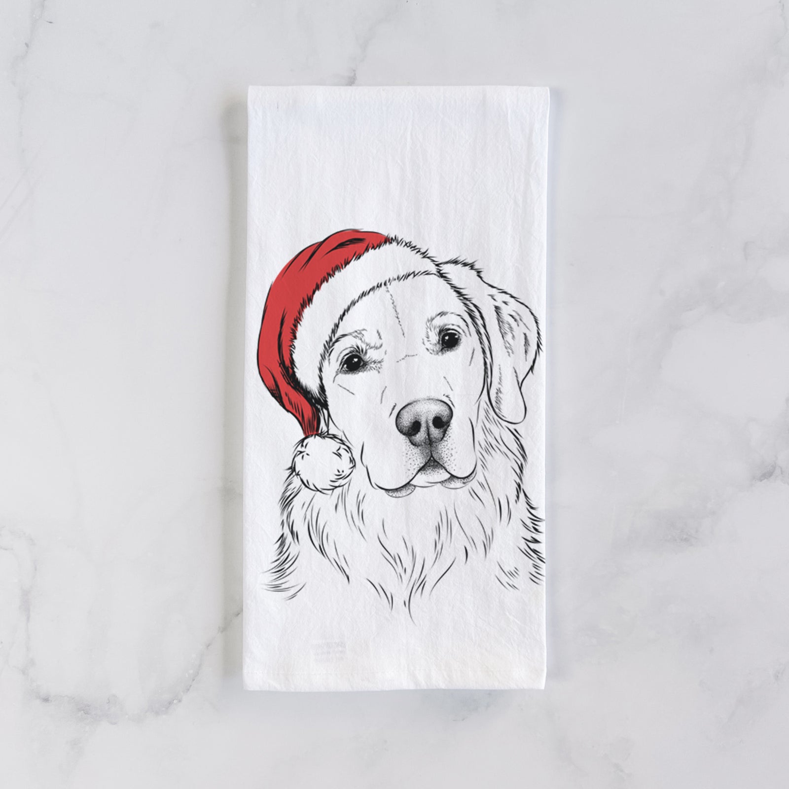 Hand-drawn sketch of Kula the Golden Retriever wearing a Santa hat on a tea towel