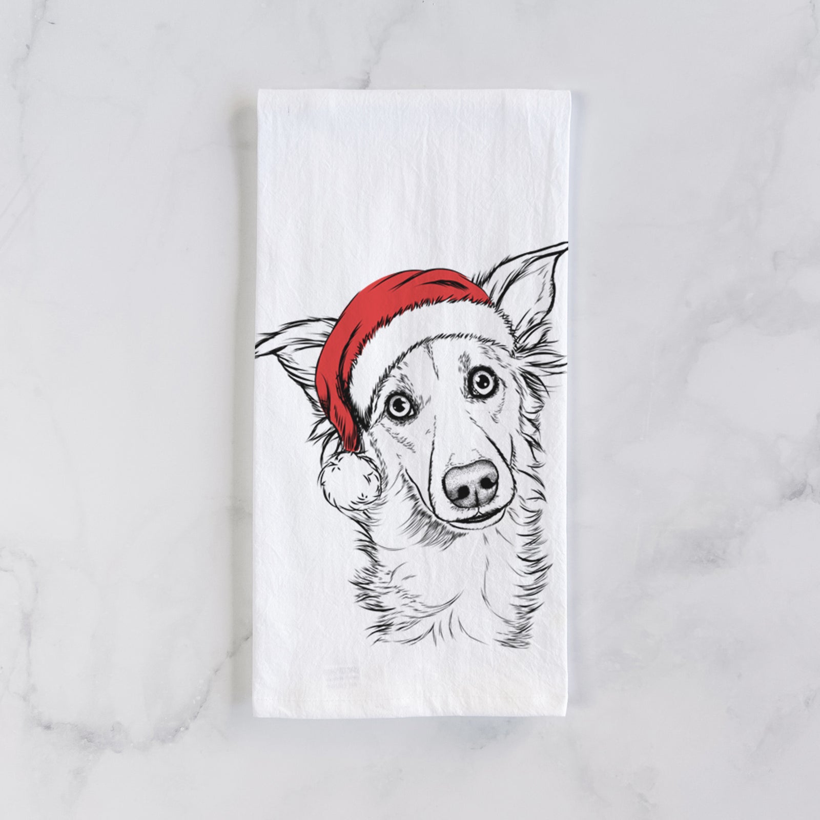 Hand-drawn sketch of Kyu the Windsprite wearing a Santa hat on a tea towel