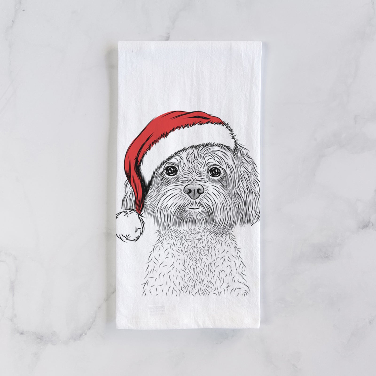 Hand-drawn sketch of Lane the Lhasa Apso wearing a Santa hat on a tea towel
