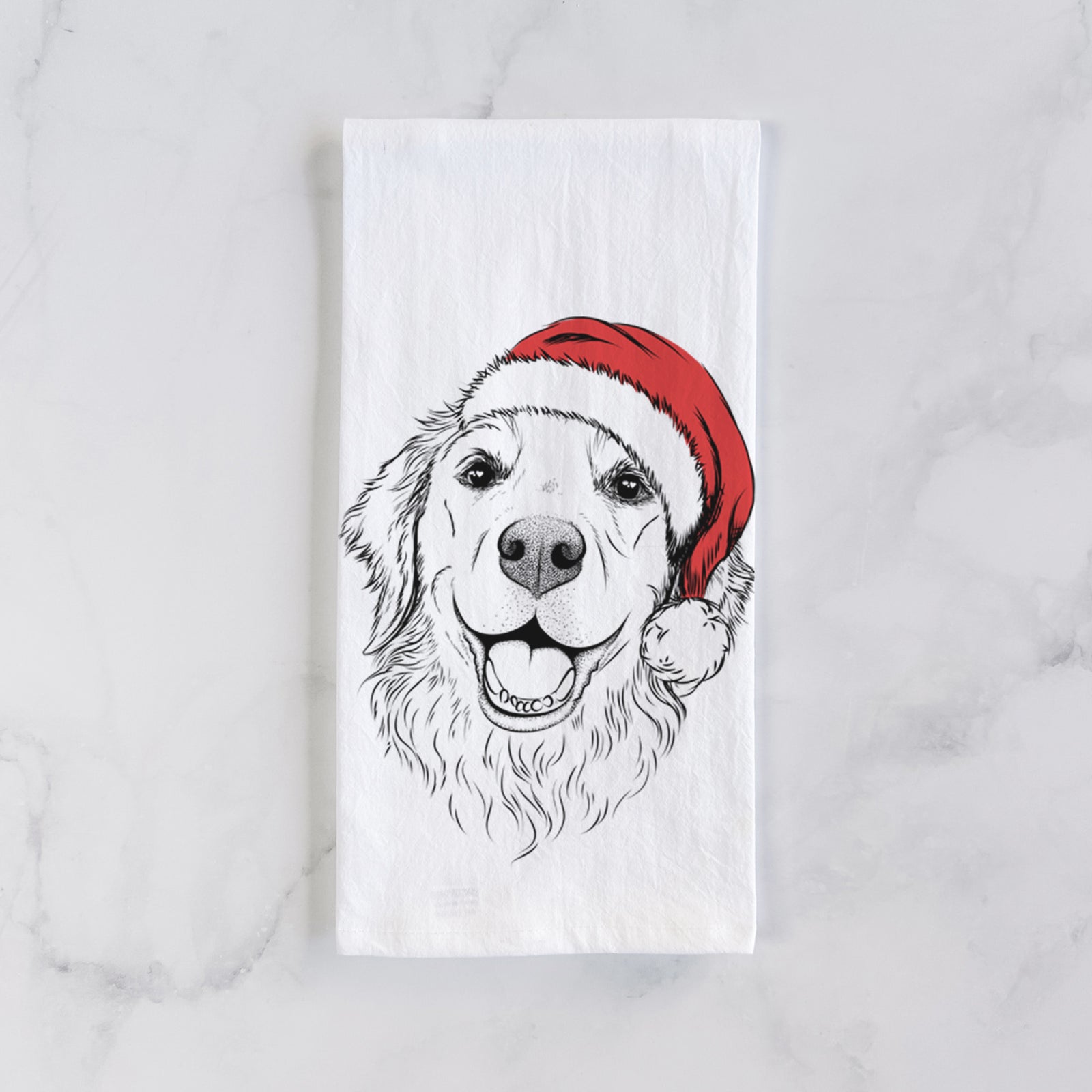 Hand-drawn sketch of Legend the Golden Retriever wearing a Santa hat on a tea towel