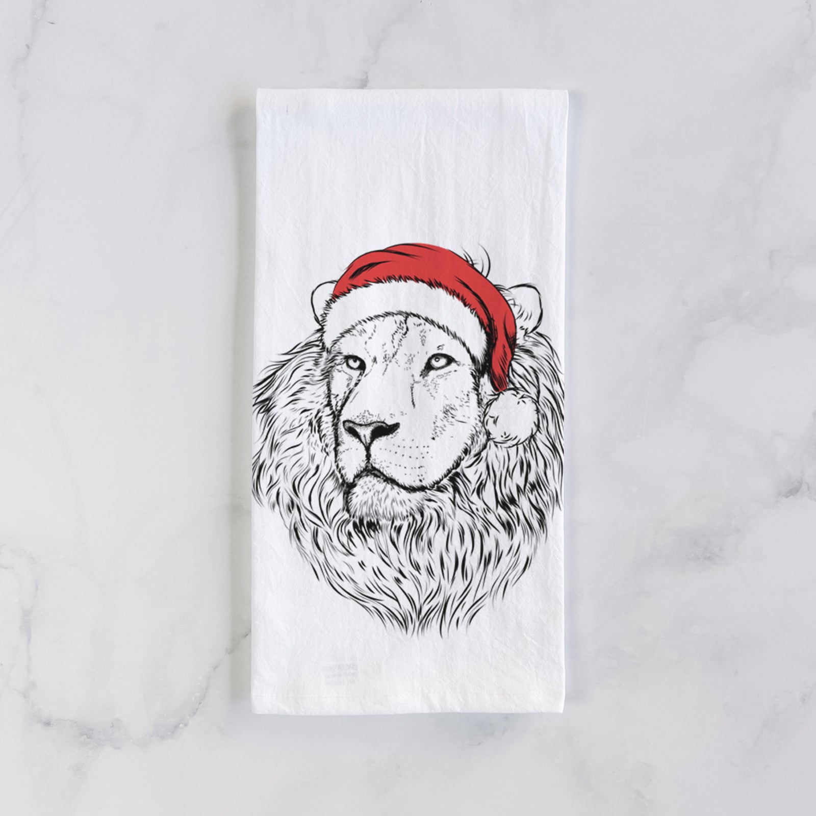 Hand-drawn sketch of Lenny the Lion wearing a Santa hat on a tea towel