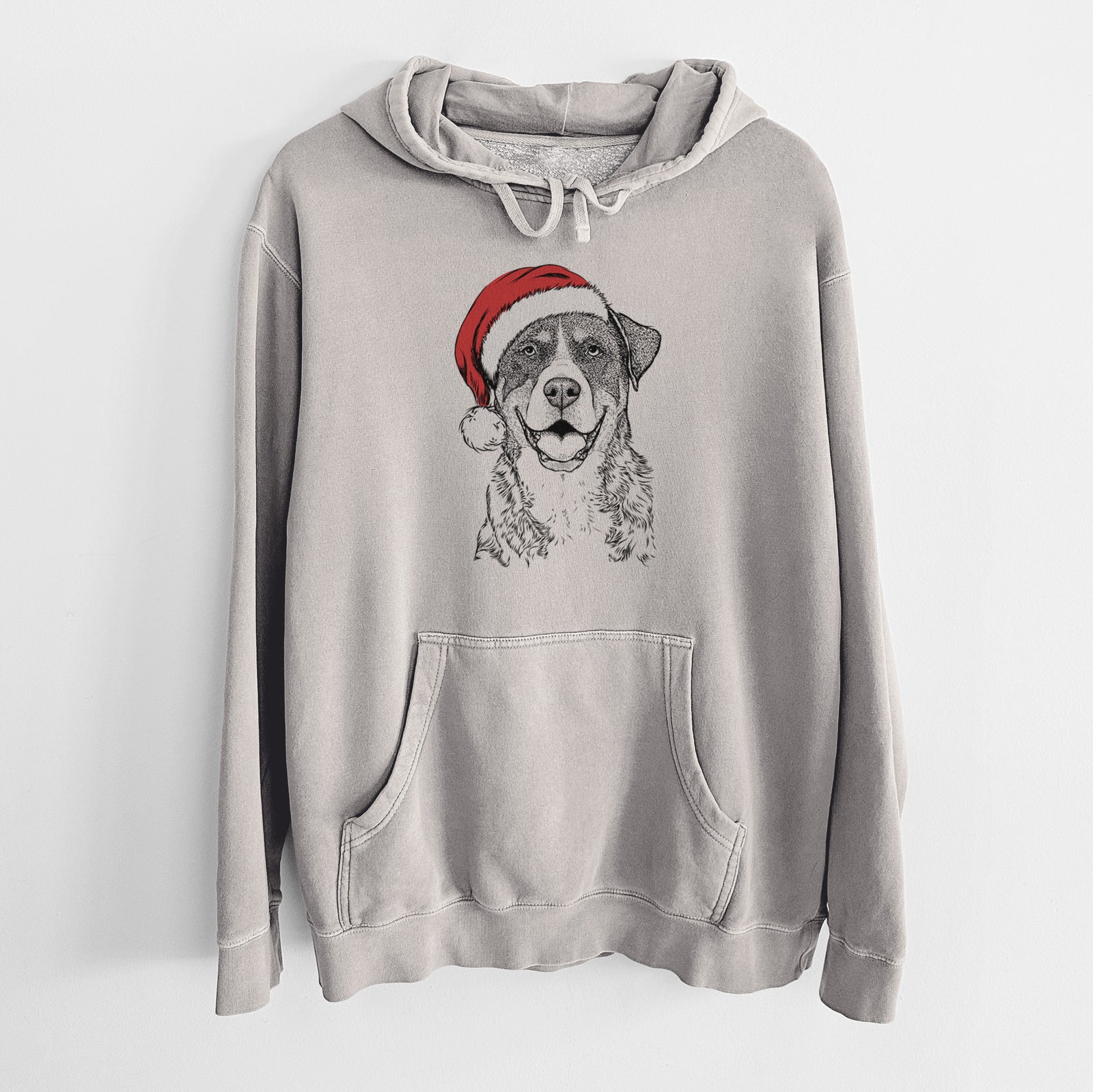 Hand-drawn sketch of Leon the Greater Swiss Mountain Dog wearing a Santa hat on a Cement Unisex pigment dyed hoodie