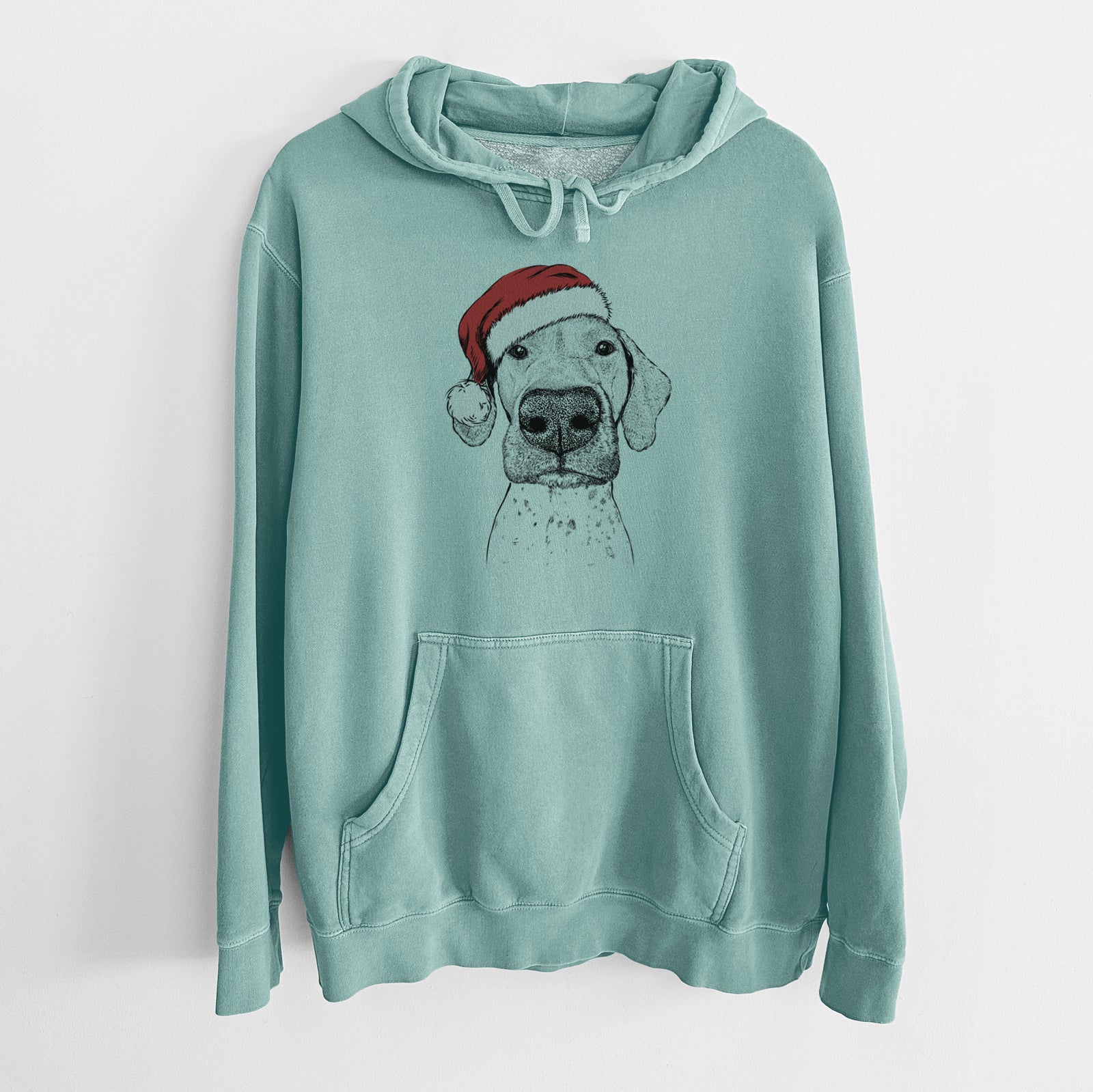 Hand-drawn sketch of Leroy the German Shorthaired Pointer wearing a Santa hat on a Mint Unisex pigment dyed hoodie