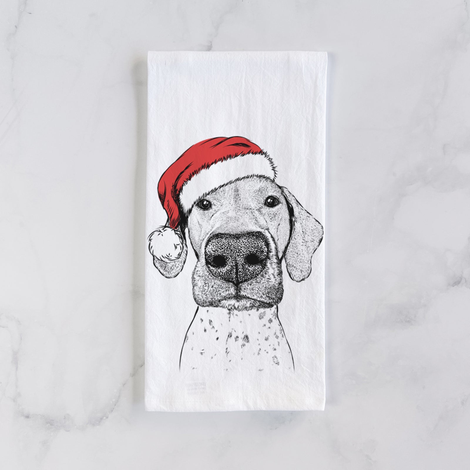 Hand-drawn sketch of Leroy the German Shorthaired Pointer wearing a Santa hat on a tea towel