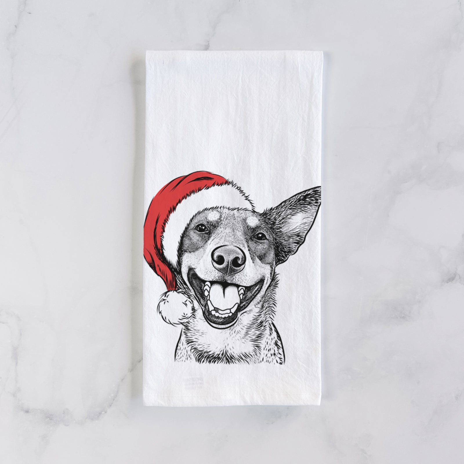 Hand-drawn sketch of Lily the Australian Cattle Dog wearing a Santa hat on a tea towel
