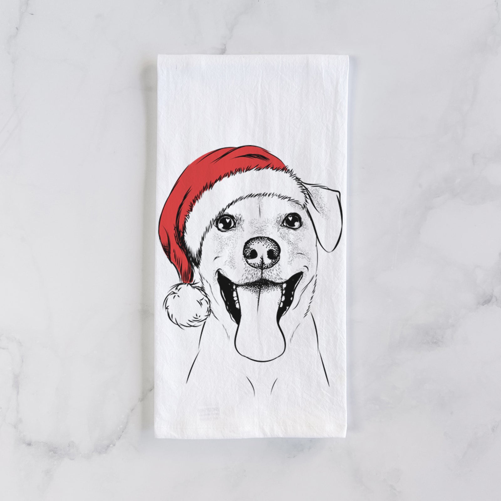 Hand-drawn sketch of Lily Estelle the Mixed Breed wearing a Santa hat on a tea towel